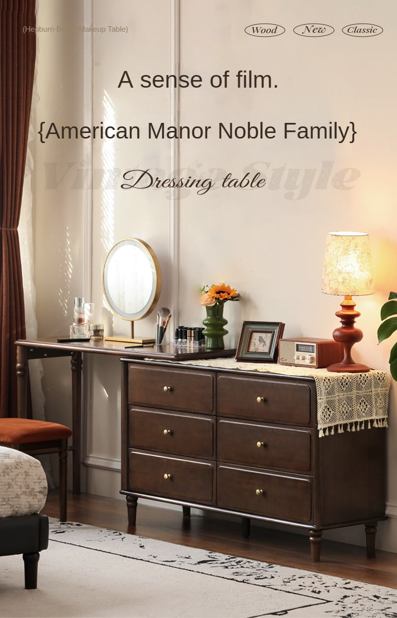 Vintage Poplar Solid Wood Extendable Vanity Dressing Table with Mirror - Perfect for Bedroom, Makeup & Cosmetics Organization