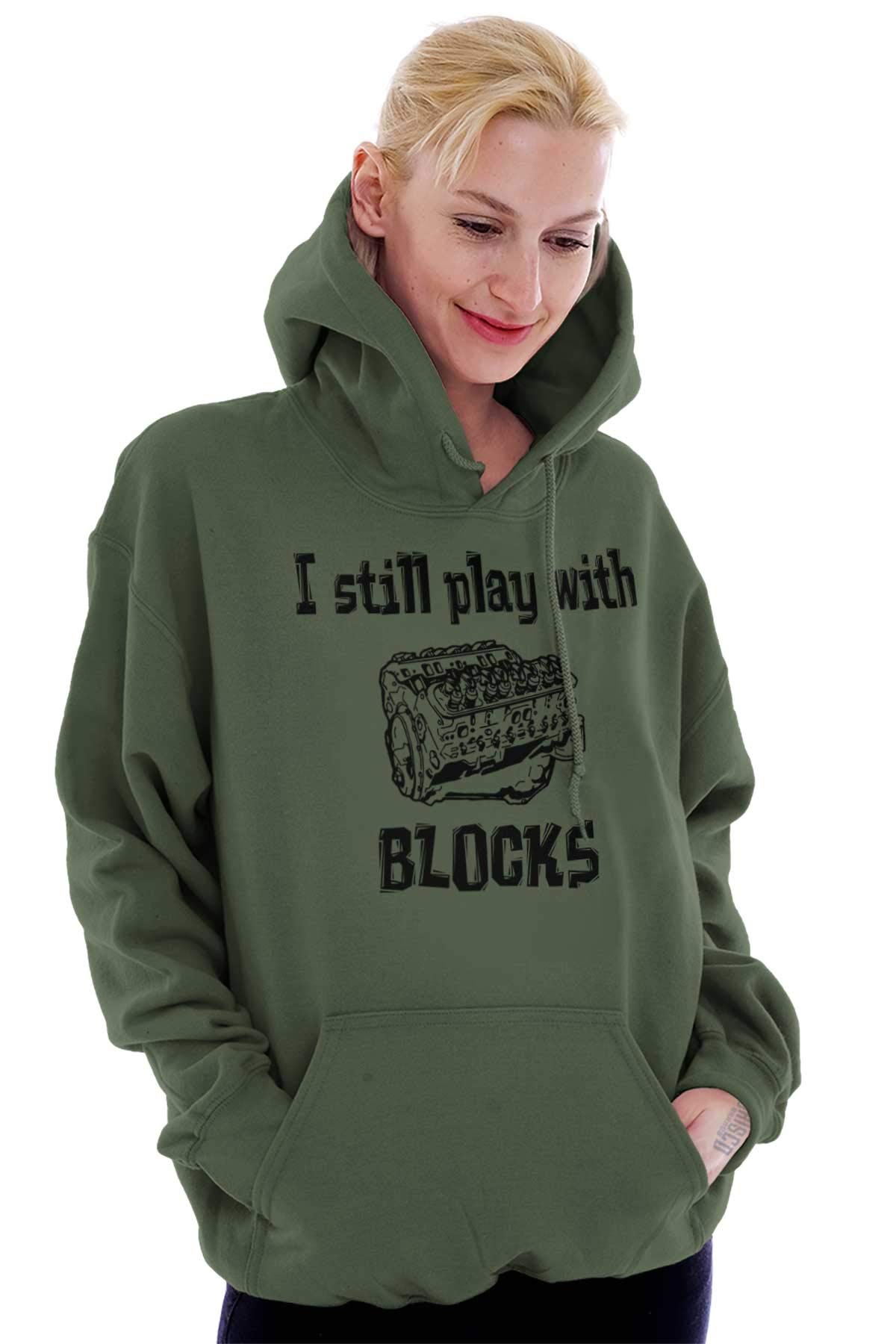 Brisco Brands Play With Blocks Car Engine Mechanic Hoodie Sweatshirt for Men & Women - Perfect for Auto Enthusiasts, DIY Mechanics, and Casual Streetwear