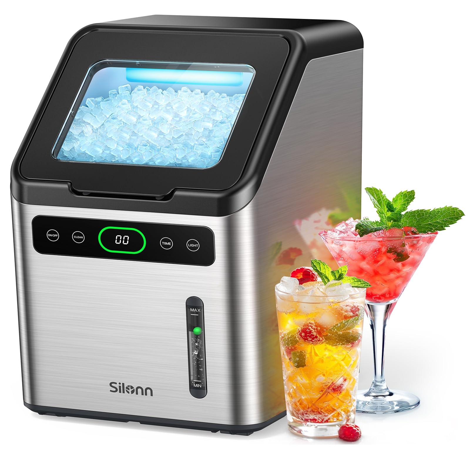 Silonn Nugget Ice Maker - 44lbs/Day Self-Cleaning Pebble Ice Machine with Timer, Soft Chewable Ice for Home, Kitchen, Office | Perfect for Cocktails, Sodas & Entertaining