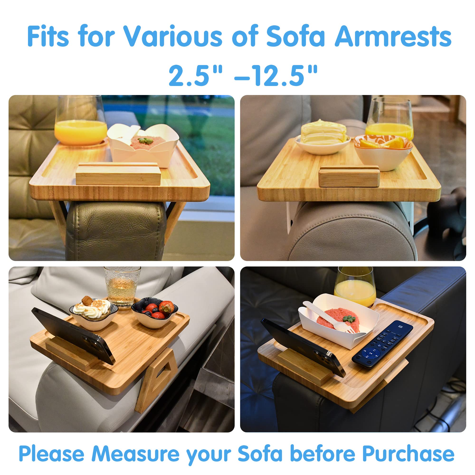 360° Rotating Bamboo Sofa Arm Tray with Phone Holder - Clip-On Couch Side Table for Wide Couches, Perfect for Eating, Working, Watching TV - Great Gift for Mom, Dad & Friends
