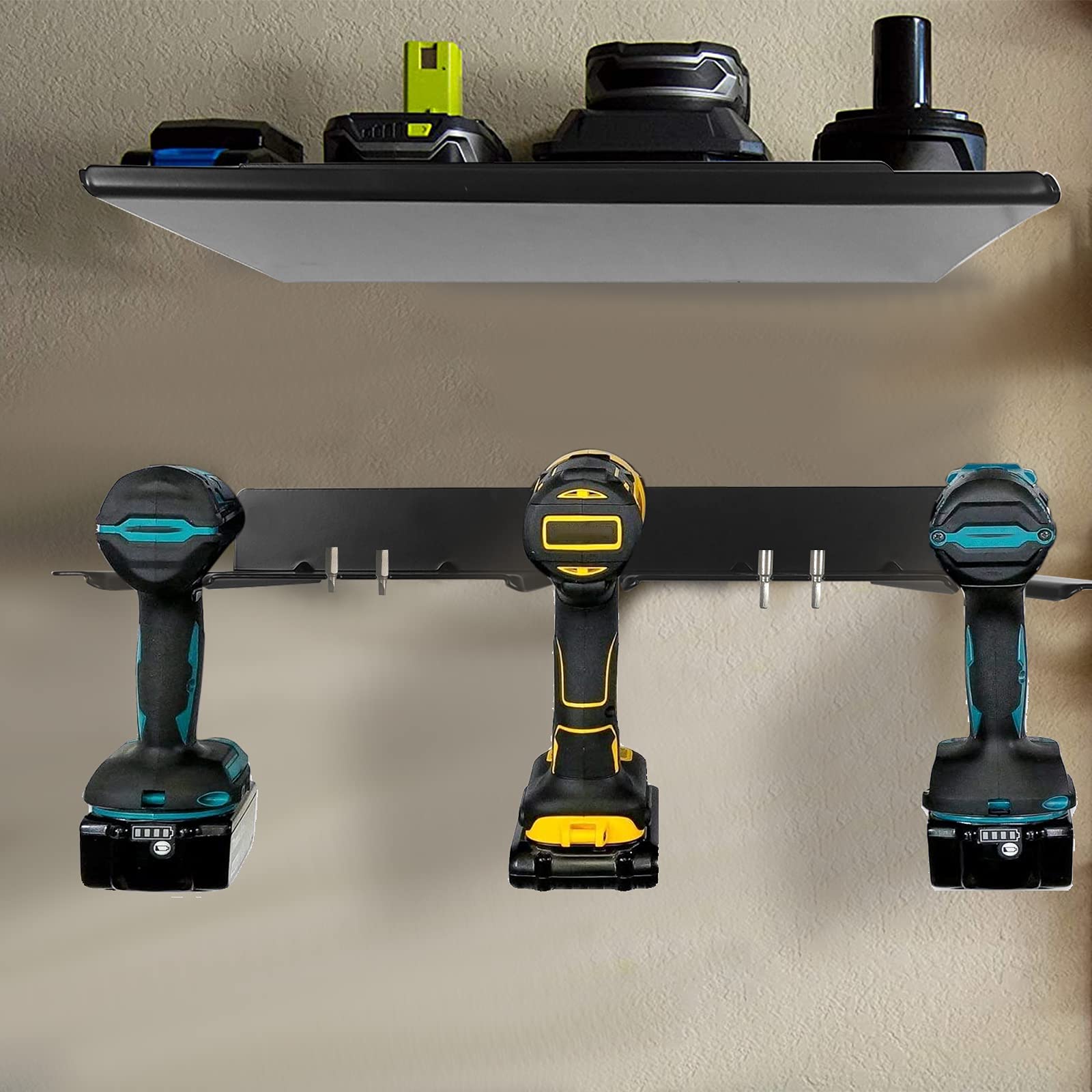 Homydom Wall Mounted Garage Drill Storage Rack - Electric Drill Holder with Shelf & Battery Organizer for Workshop, Shed & DIY Projects | Perfect for Power Tool Organization & Space Saving
