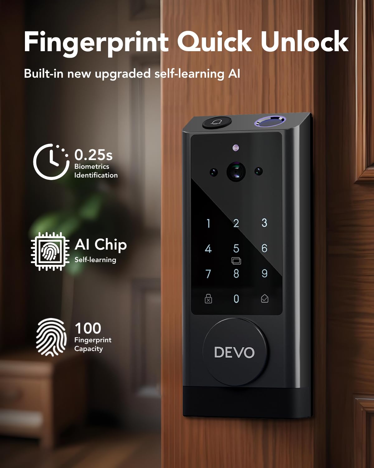Devo G1 Smart Video Door Lock with Camera & Doorbell - 6-in-1 Keyless Entry, Fingerprint ID, Auto Lock, Wi-Fi Enabled Smart Deadbolt for Front Door - Easy Installation, Waterproof, BHMA Grade 3 - Perfect for Home Security & Smart Access Control