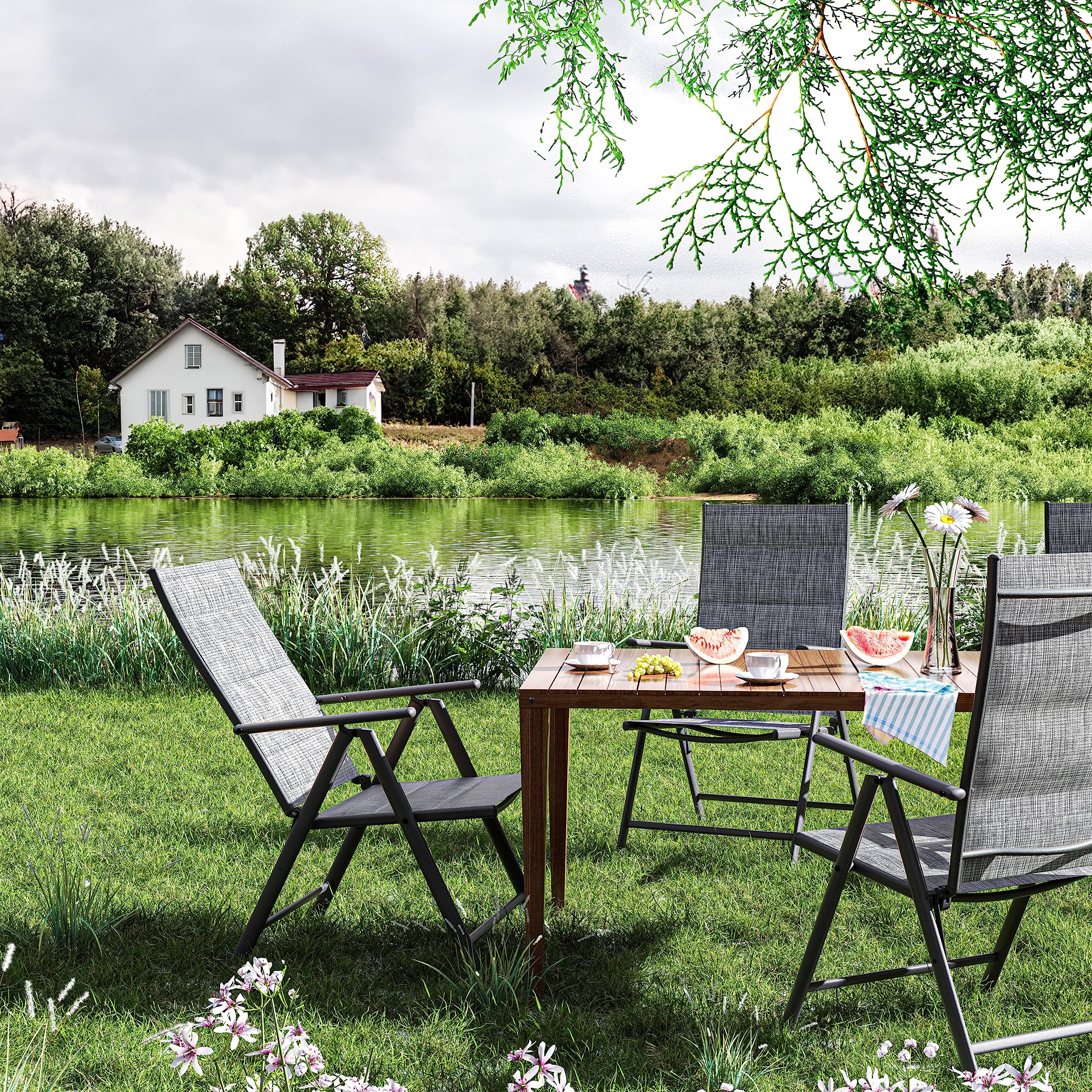 UDPATIO 2-Pack Patio Folding Dining Chairs Set - Steel Frame Outdoor Folding Chairs with Padded Textilene Seat, All-Weather Breathable & Portable Lawn Chairs for Adults - No Assembly Required (Grey White) - Perfect for Backyard, Poolside, Camping & Picnics