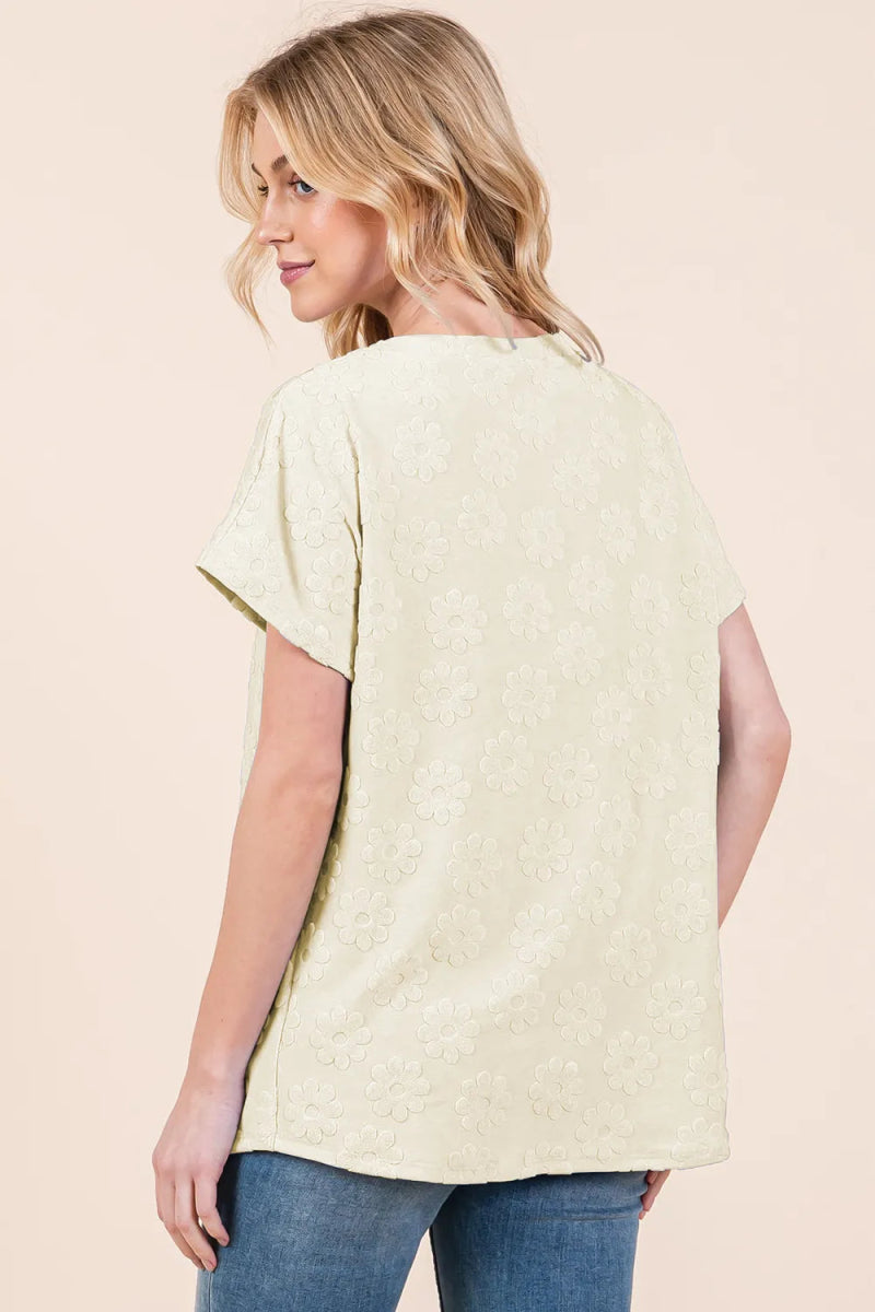 BOMBOM Women's Textured Floral Print Short Sleeve T-Shirt - Casual Summer Top for Outfits, Beach & Daily Wear