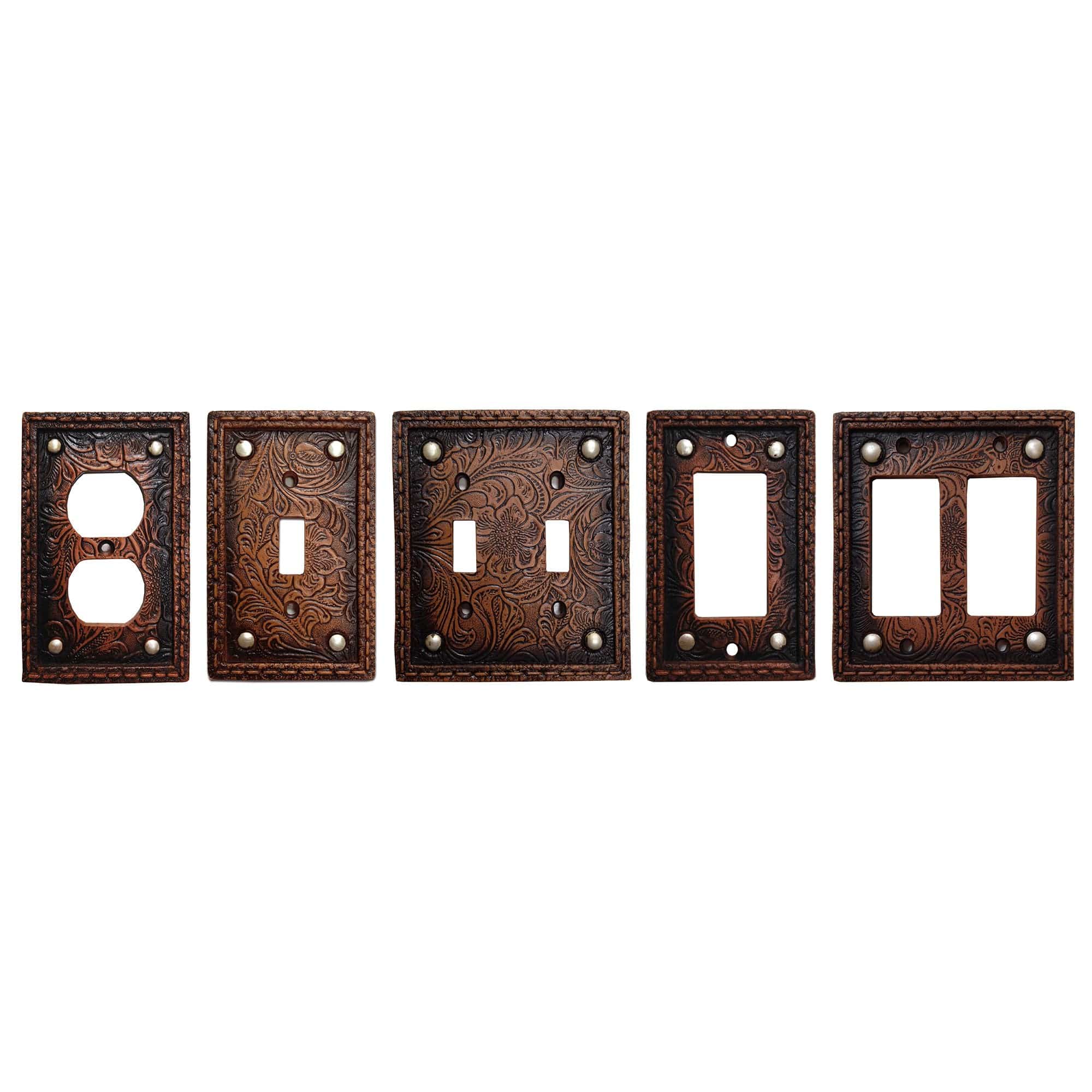 Decorative Tooled Resin Double Switch Wall Plate with Studs - Stylish Cover for Light Switches in Living Room, Bedroom, or Office