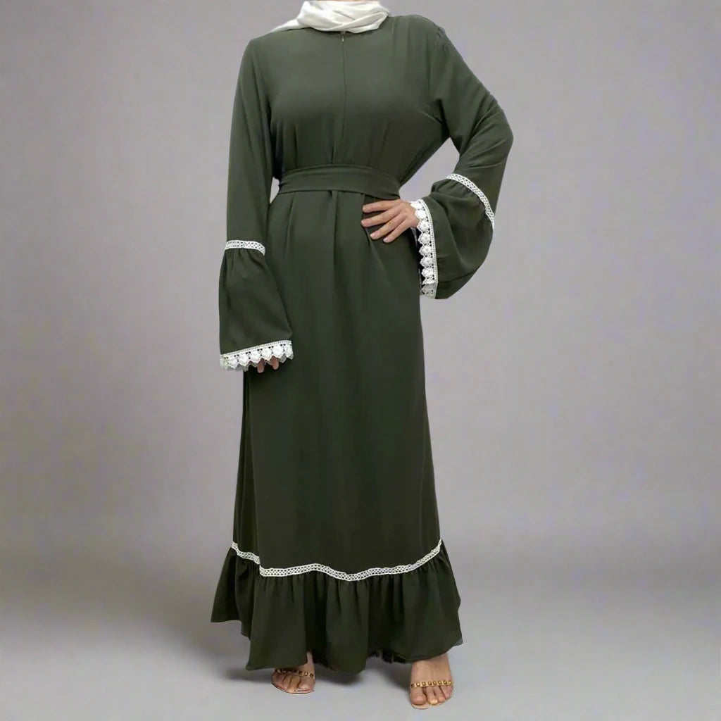 Elegant Muslim Women's Chiffon Lace Abaya Dress - Modest Islamic Prayer Dress for Mosque, Wedding & Special Occasions