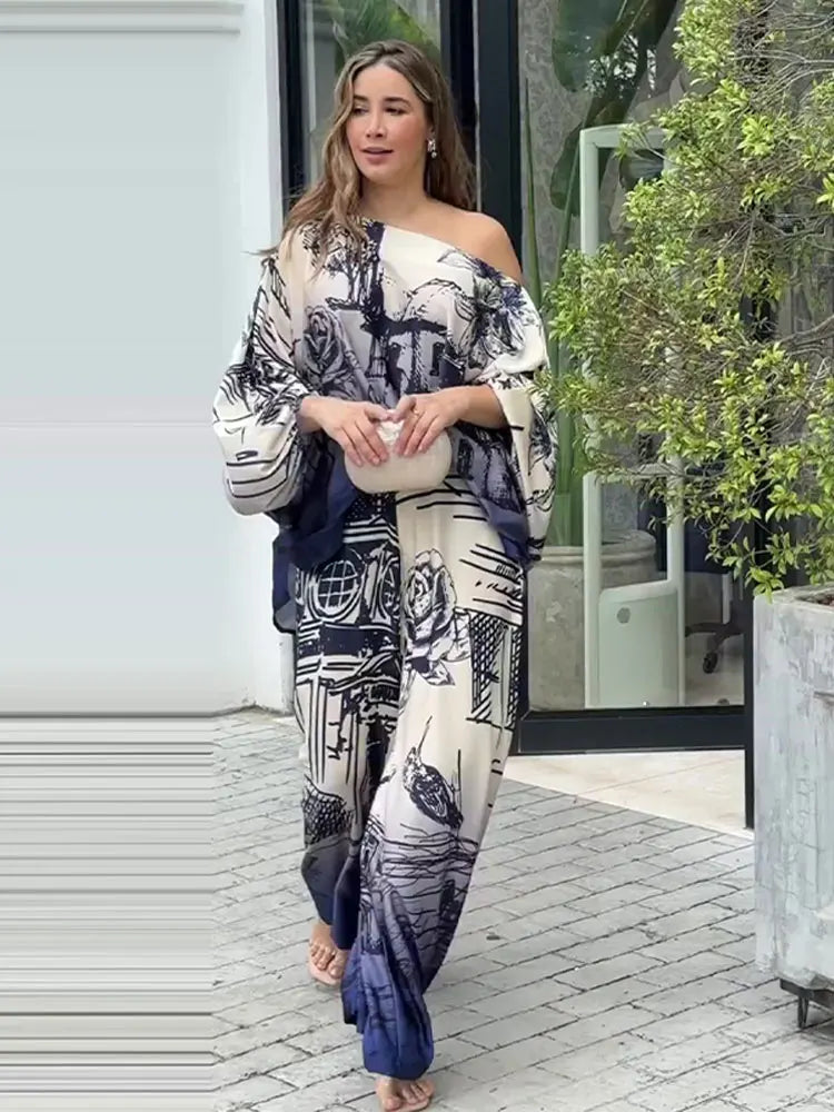 Elegant Satin Blue Print Pantsuit for Women - 2 Piece Set with Lantern Sleeve Shirt & Wide Leg Pants | Loose Casual Streetwear Outfit | Perfect for Office, Party & Fashion Events