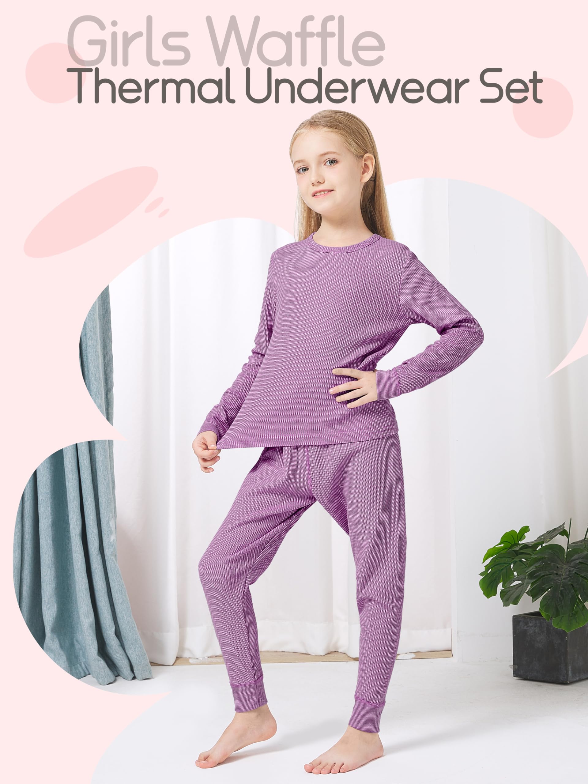 VZV Girls Kids Thermal Underwear Set - Soft Cotton Waffle Long Johns Base Layer for Cold Weather | Winter Warm Pajamas, Snow Outfits & Indoor Loungewear