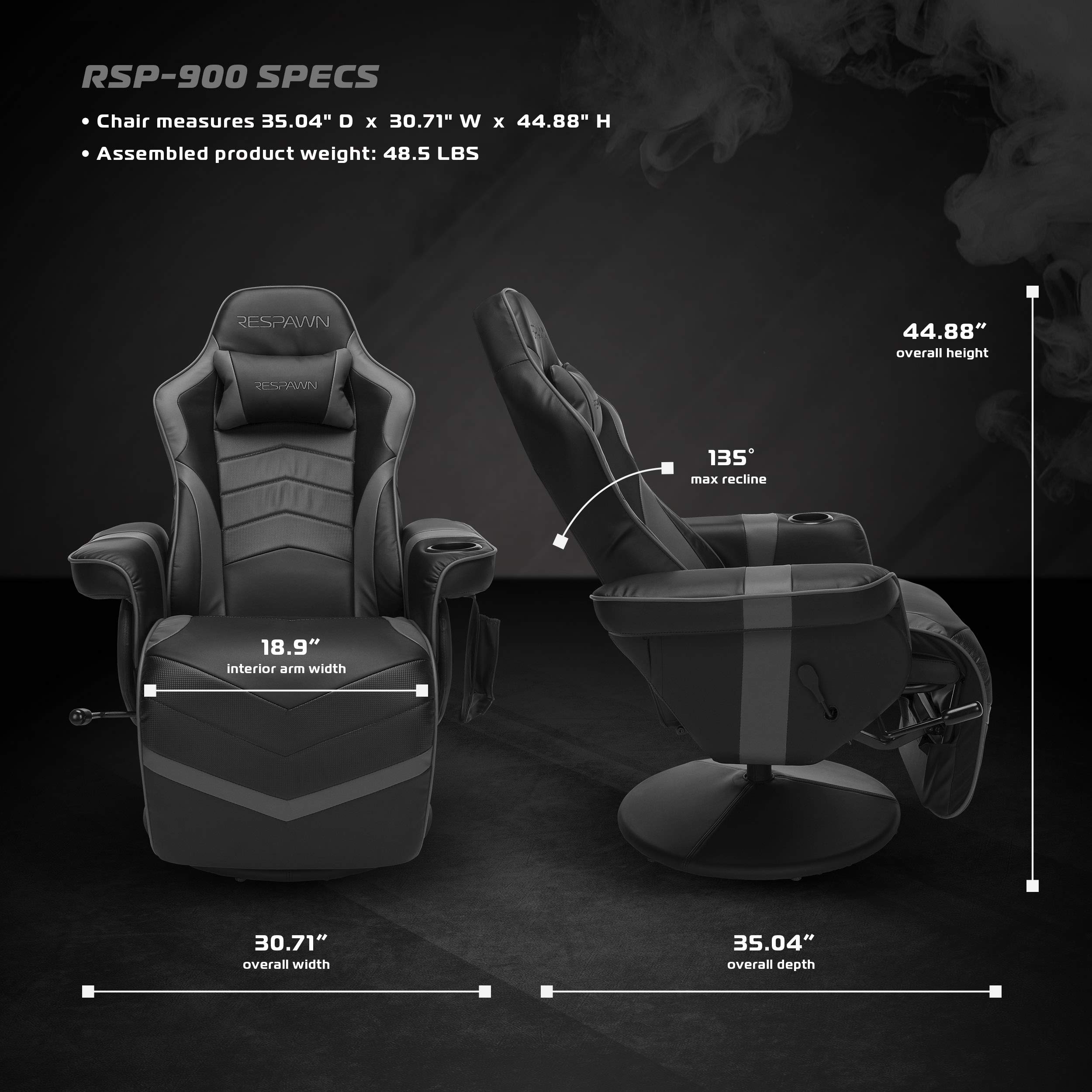 RESPAWN 900 Racing Style Gaming Recliner Chair - Gray Ergonomic Video Game Chair with Footrest for PC, Console & Home Theater Gaming Comfort
