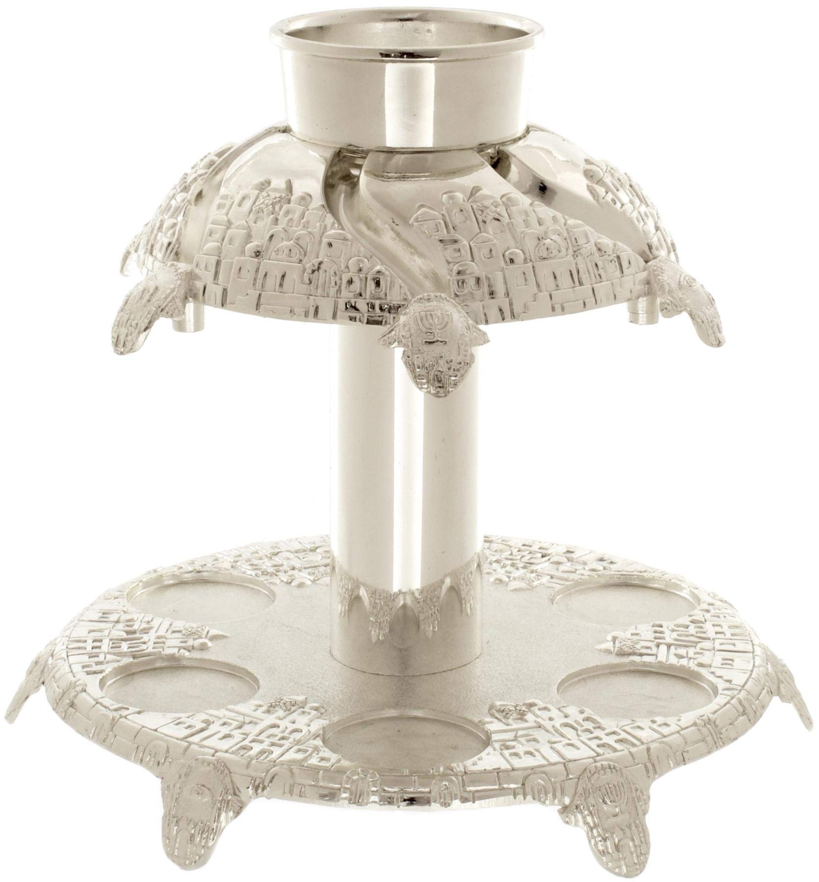 Silver Kiddush Wine Fountain with 6 Cups - Elegant Jerusalem Design (21cm) for Jewish Holidays & Shabbat Celebrations