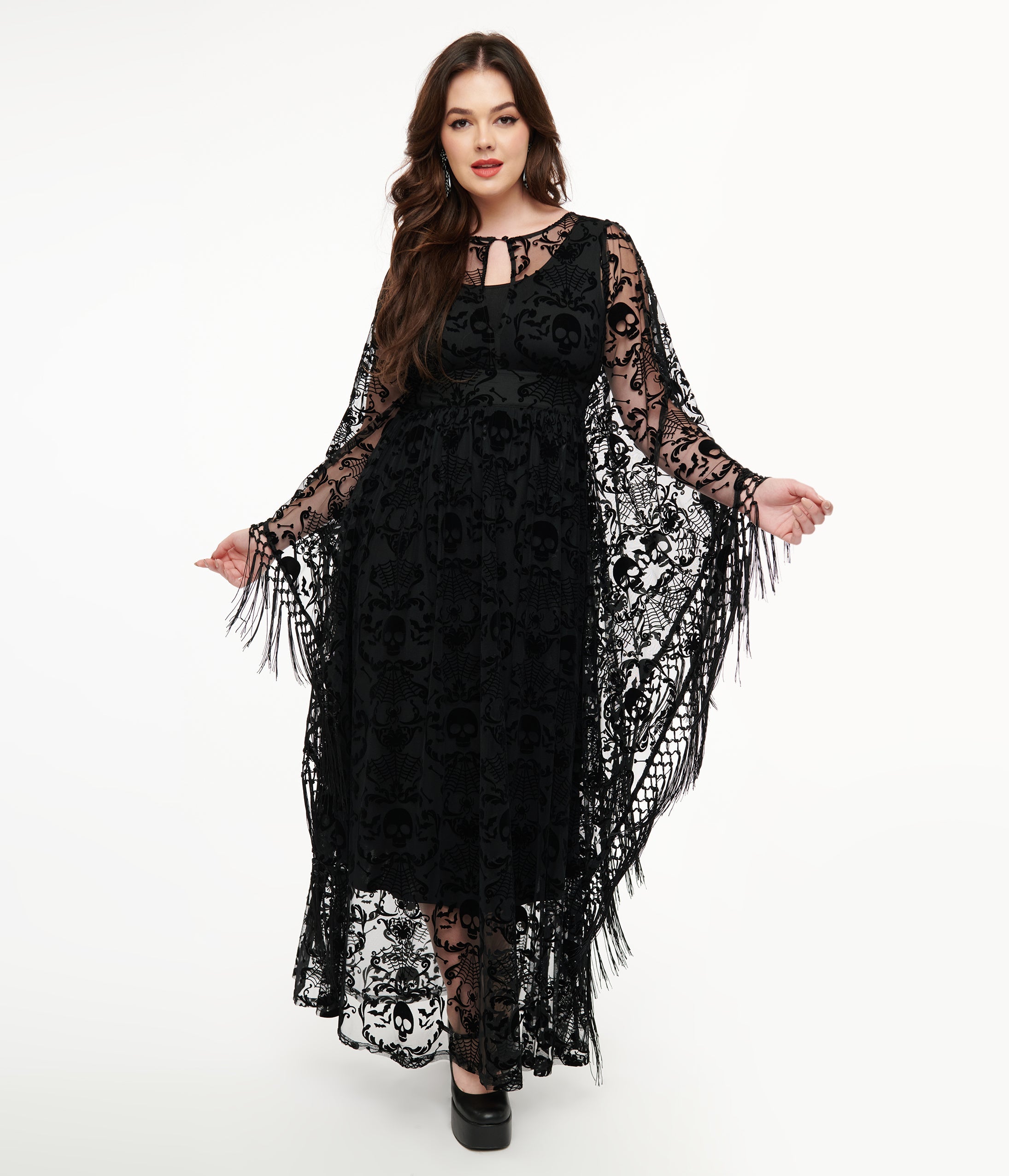 Vintage 1960s Black Baroque Skull Burnout Fringe Flutter Sleeve Caftan Dress - Gothic Boho Maxi Dress for Halloween Party, Steampunk Costume or Retro Fashion Show