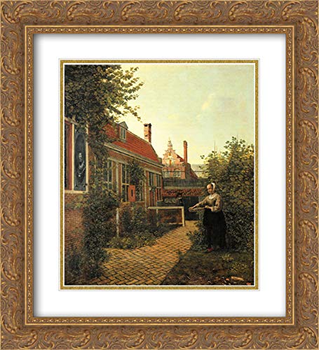Pieter de Hooch Museum Art Print - Woman with Basket of Beans in Kitchen Garden - 20x22 Gold Ornate Framed Double Matted Wall Decor for Dining Room, Living Room & Kitchen