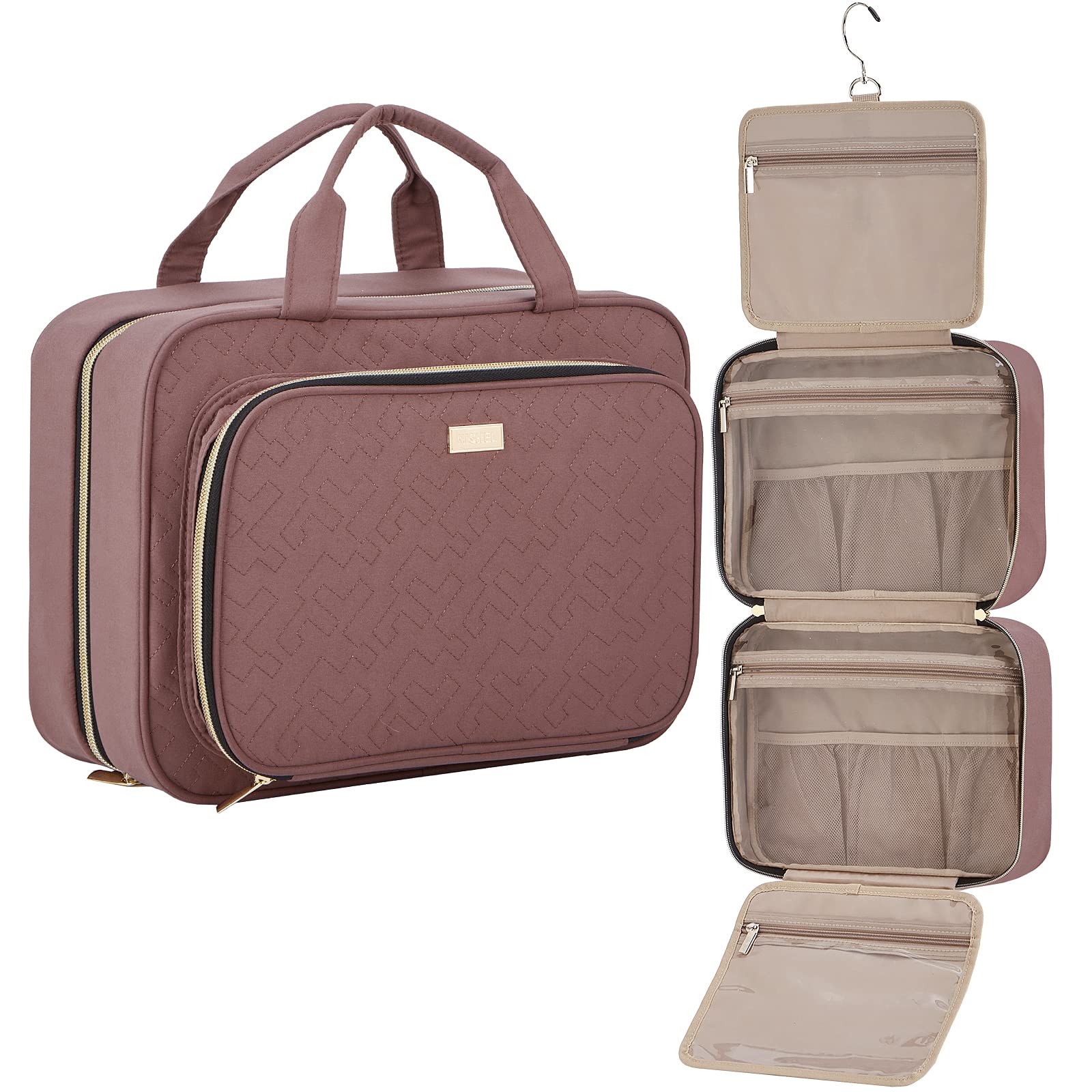 NISHEL Hanging Travel Toiletry Bag - Clear Makeup Organizer Case for Cosmetics & Toiletries | Perfect for Travel, Bathroom Storage & Shower Essentials (Rosewood-Pink)