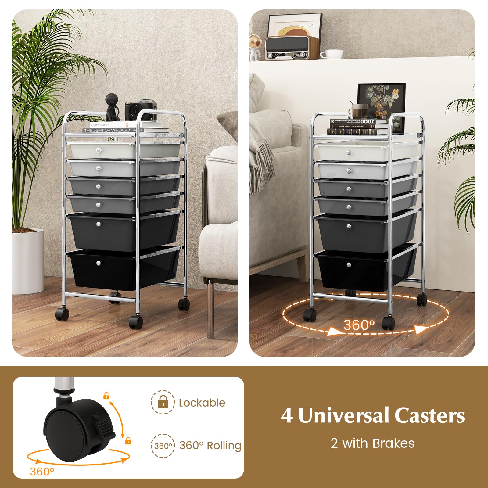 **6-Drawer Rolling Utility Cart with Lockable Wheels - Mobile Storage Organizer for Art Supplies, Classroom, Office & Scrapbooking (Black)**    *Perfect for organizing art supplies, classroom essentials, office documents, and scrapbooking materials with easy mobility.*