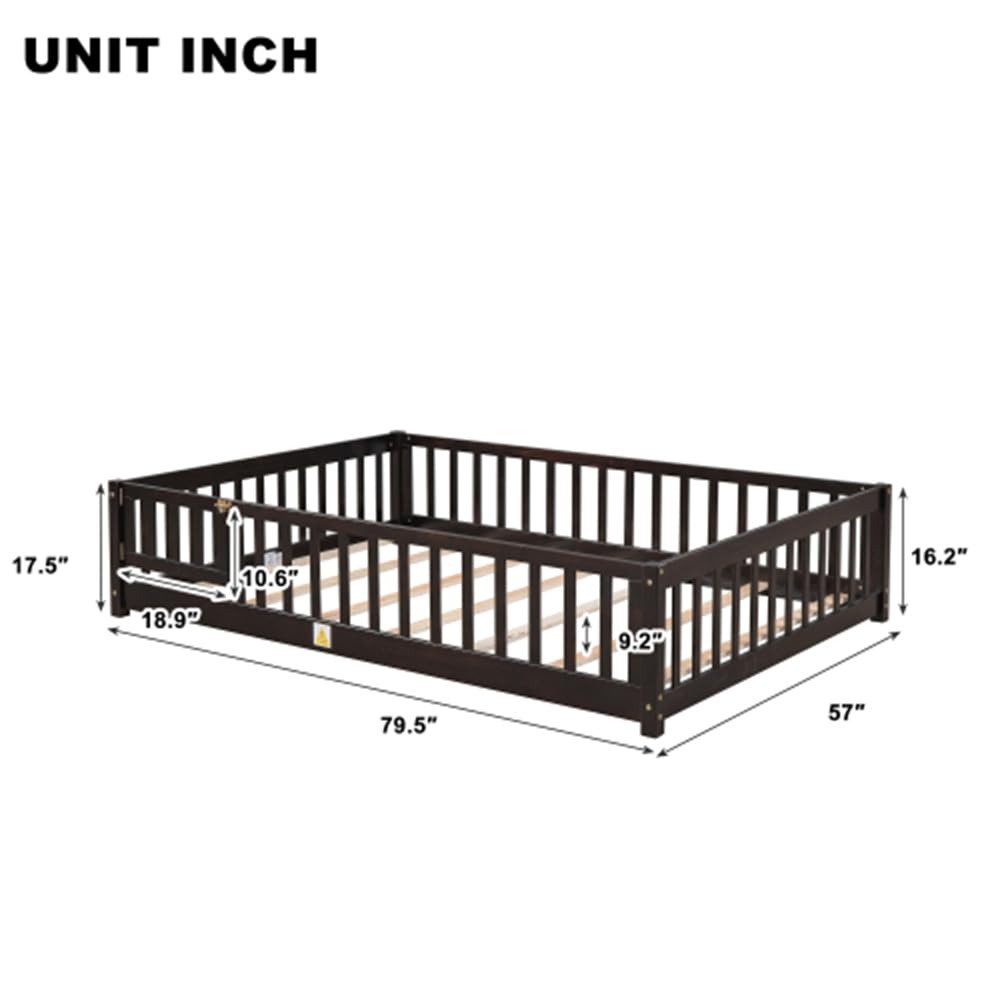 Montessori Floor Bed for Kids - Sturdy Wooden Full Size Bed Frame with Slats, Safety Fence & Door - Natural Espresso Finish - Perfect for Toddler Rooms, Daycare Centers & Montessori Classrooms