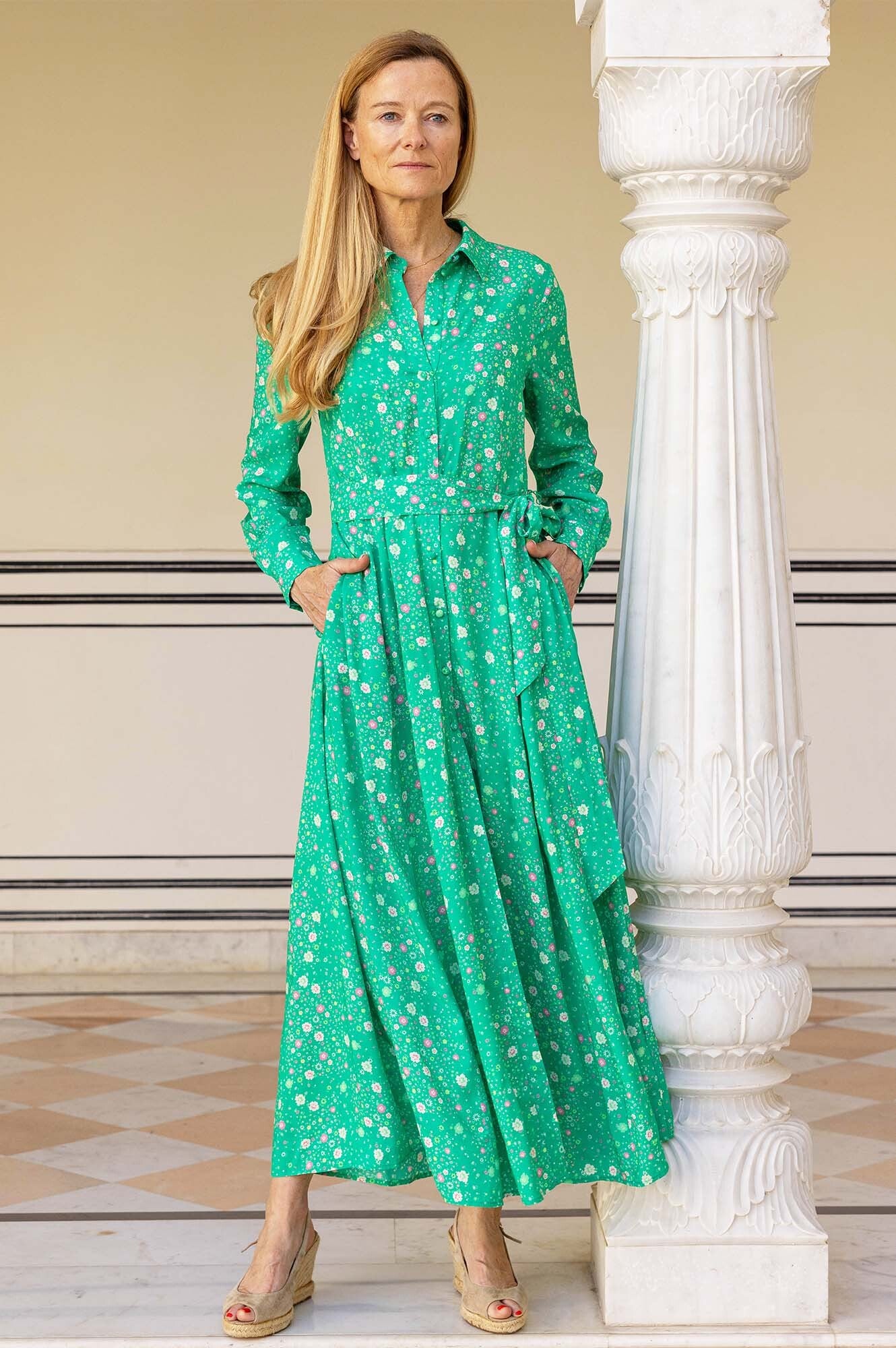 Eliza EcoVero™ Shirt Dress - Sustainable Patchwork Green Floral Print Women's Casual Dress | Perfect for Spring Outfits, Office Wear & Weekend Brunch