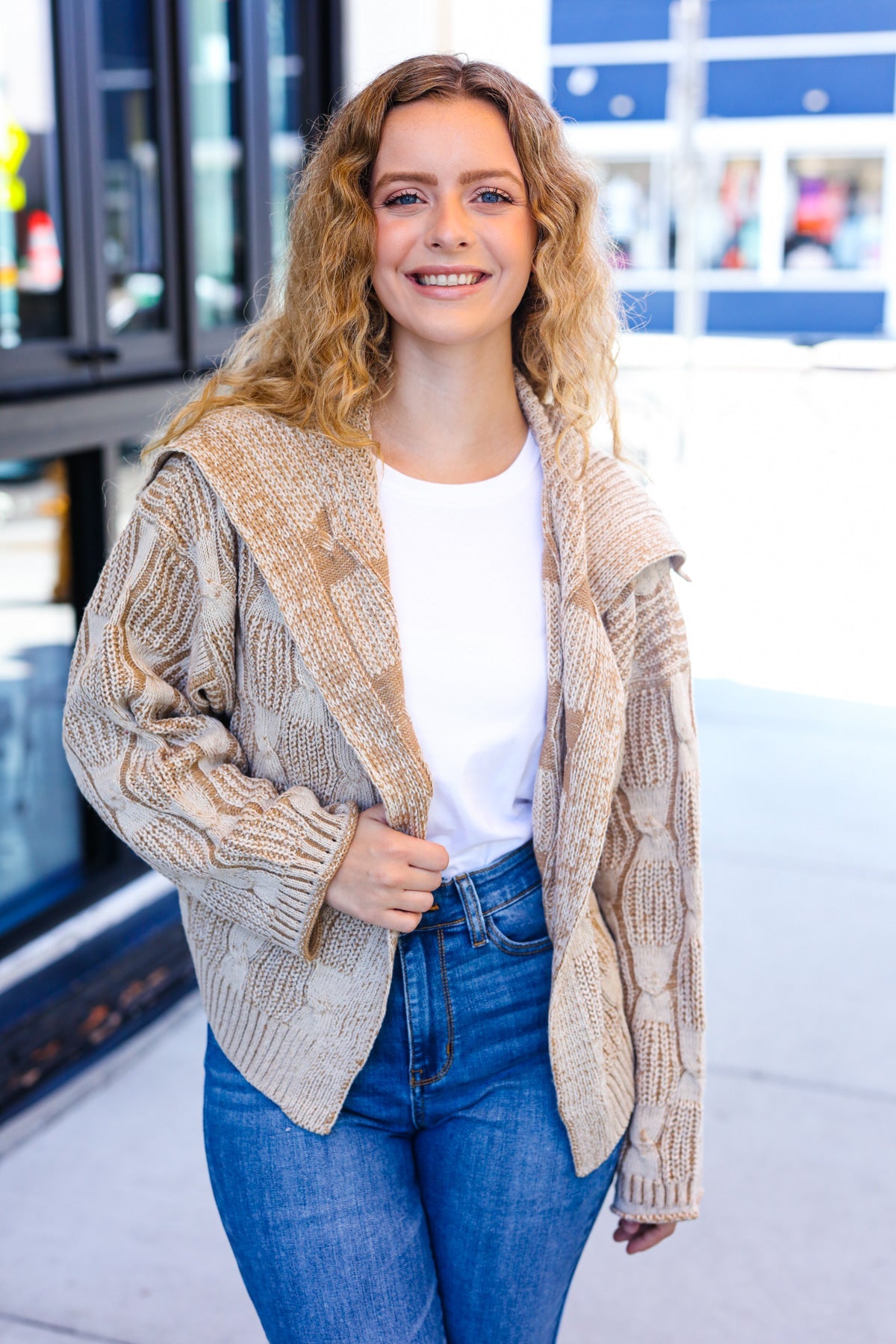 Cozy Taupe Textured Cable Knit Collared Cardigan for Women | Autumn Fall Sweater | Perfect for Layering, Office Wear & Casual Outfits