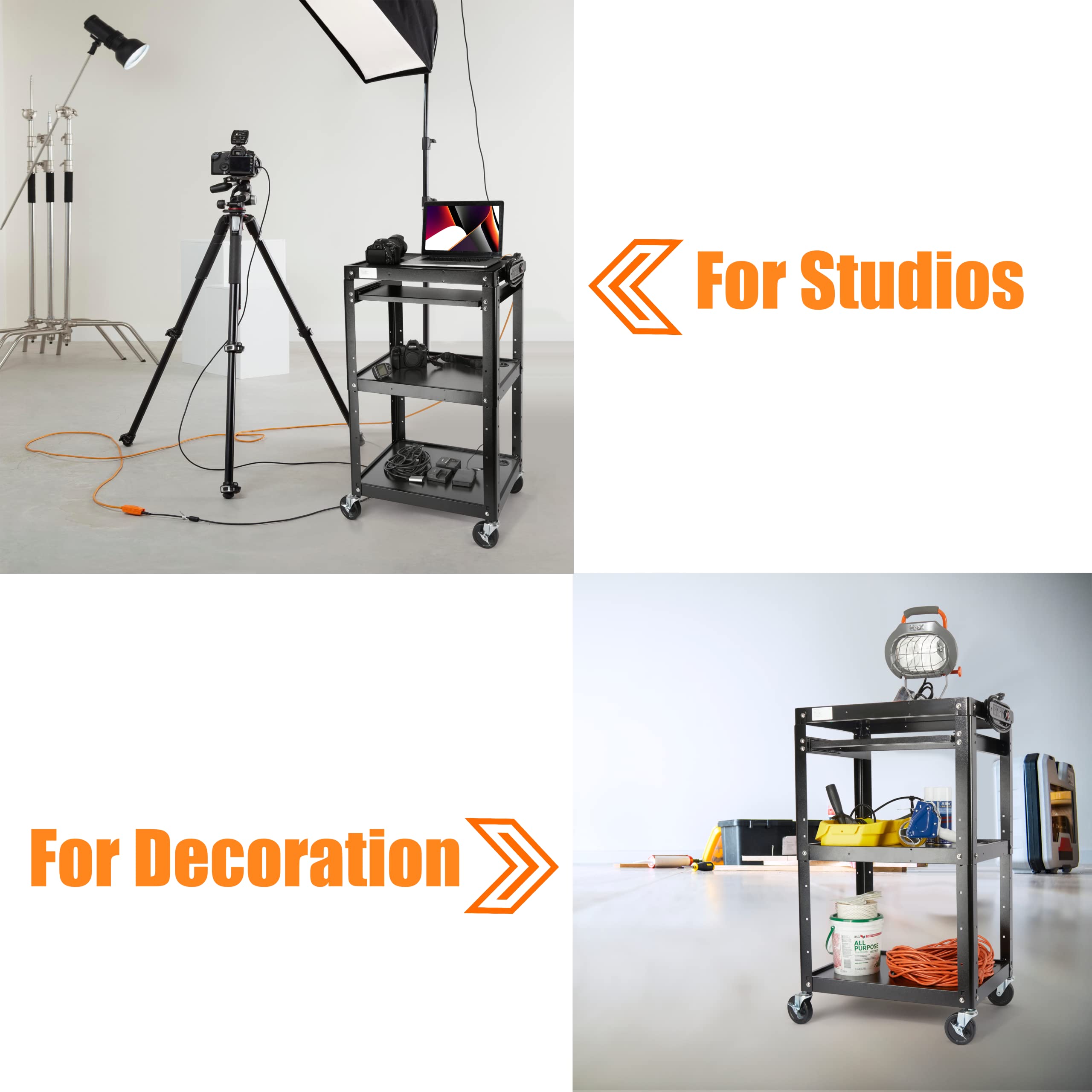 AV Presentation Cart Stand for Video Projector, TV, Laptop, Printer - Heavy Duty Metal Rolling Cart with Adjustable Shelves, 4 Wheels & Power Outlets (300 lbs Capacity, 5.75ft Cord, Black) - Perfect for Classrooms, Offices & Conference Rooms