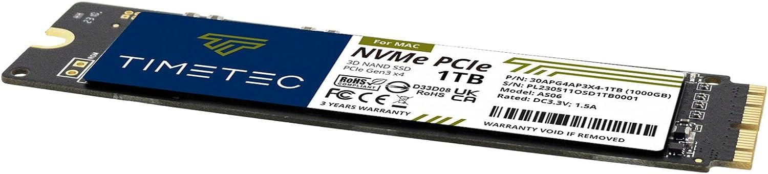 Timetec 1TB SSD NVMe PCIe Gen3x4 Internal Solid State Drive - 3D NAND TLC, Up to 1,900MB/s Read Speed - Compatible with MacBook Air/Pro, iMac, Mac Pro, Mac Mini (2013-2019 Models) - Perfect for Storage Upgrade, Gaming & Video Editing