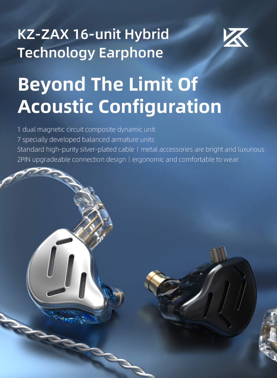CCA KZ Zax Metal Hybrid HiFi Earbuds - 7BA+1DD 16 Drivers in-Ear Monitor Headphones with Deep Bass & Noise Cancelling for Sports, Gaming & Music Lovers