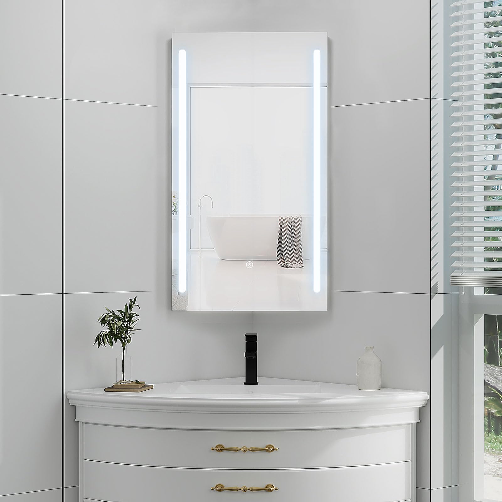 Corner Medicine Cabinet with LED Lights and Mirror - 14x24 Inch Small Wall Mounted Bathroom Cabinet in White - Perfect for Bathroom, Vanity, and Small Space Storage