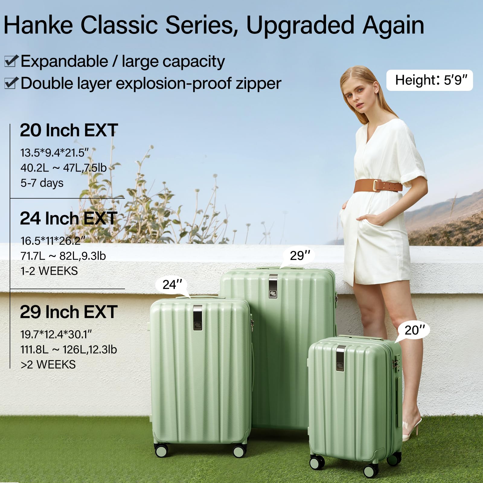 Hanke 24 Inch Expandable Lightweight PC Hard Shell Suitcase with Wheels - Large Checked Luggage for Travel, College, University (Bamboo Green) | Durable Rolling Suitcase for Airplane Trips & Student Move-In