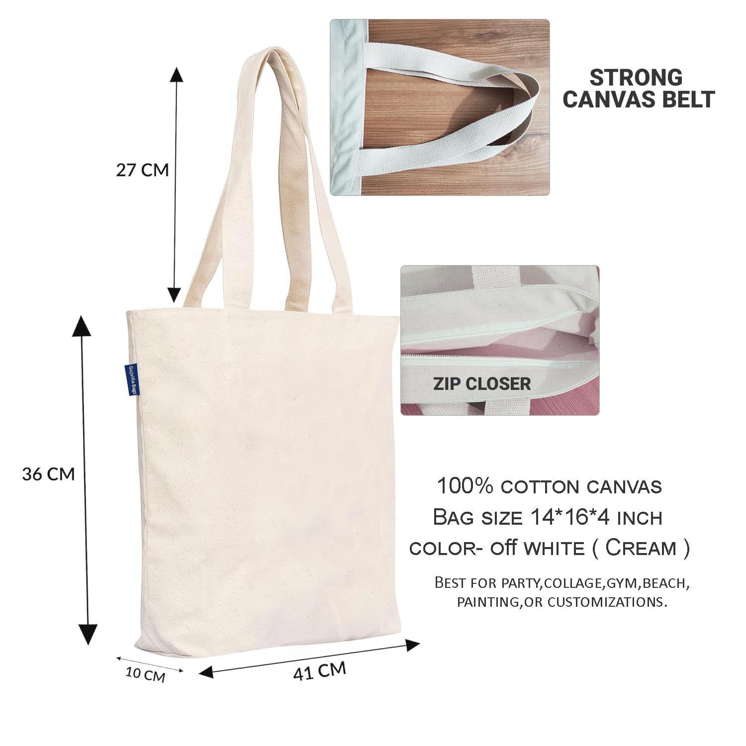 Gujvilla Large Canvas Tote Bag for Women - Heavy Duty Zippered Collage School & Beach Bag - Reusable Multi-Purpose Tote for Gym, Party, Travel & Grocery Shopping - Perfect for Work, College & Everyday Use
