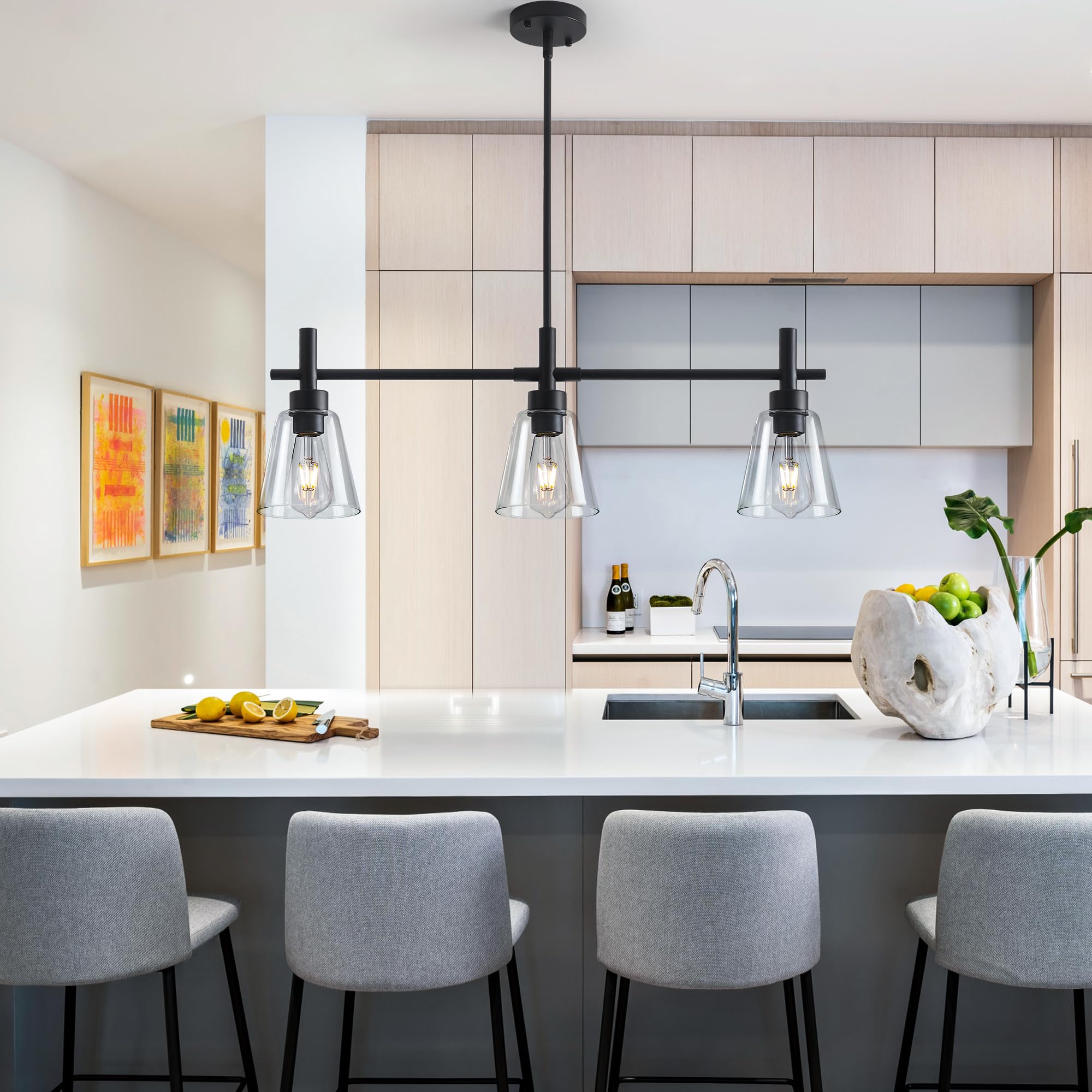 Modern Black Kitchen Island Lighting - 3-Light Adjustable Rectangle Linear Chandelier with Glass Shades, Farmhouse Pendant Light Fixture for Dining Room & Living Room - Perfect for Kitchen Counter, Breakfast Bar and Open Concept Spaces