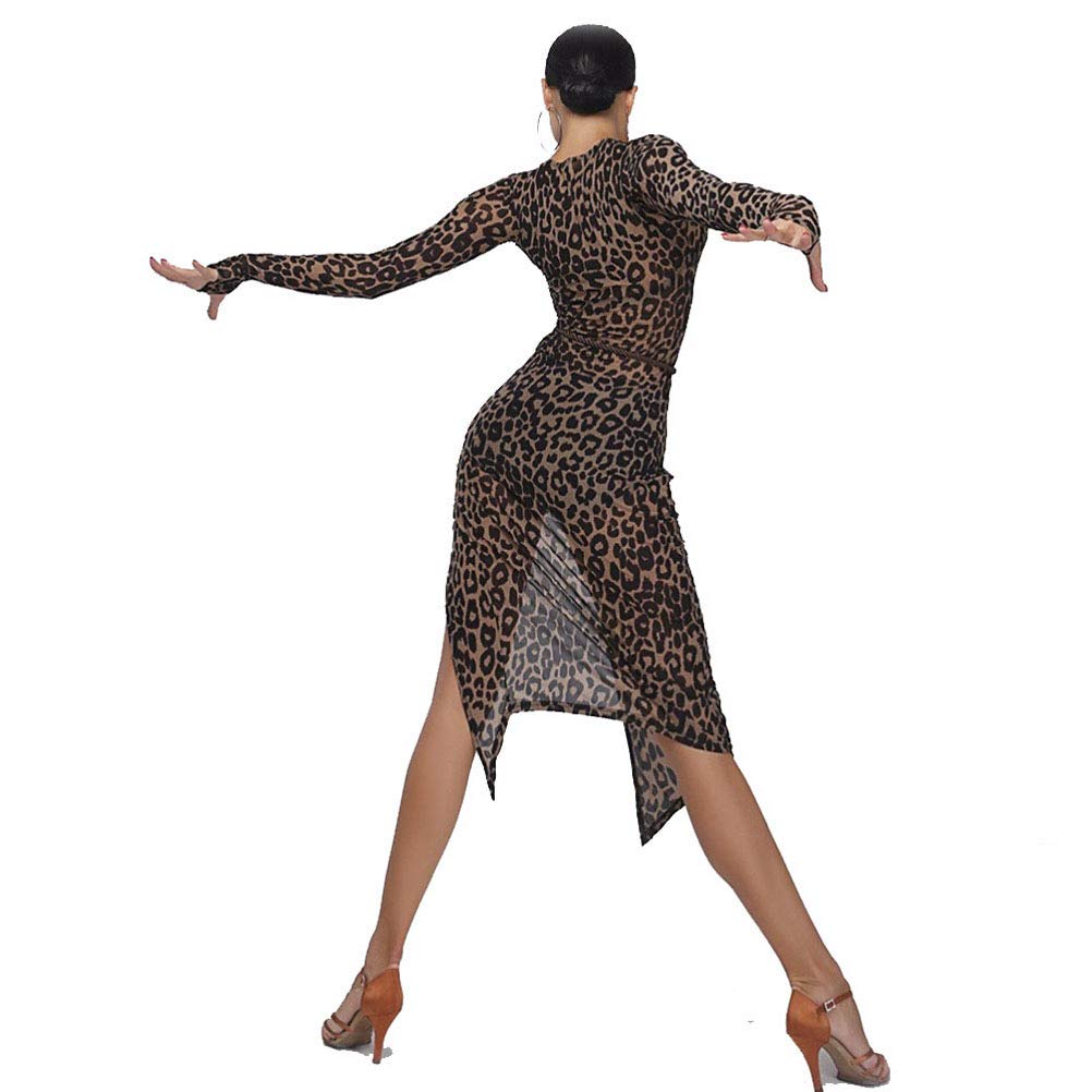 Women's Latin Dance Tango Salsa Dress with Leopard Print - Flamenco Samba Costume for Competition, Performances, and Social Events