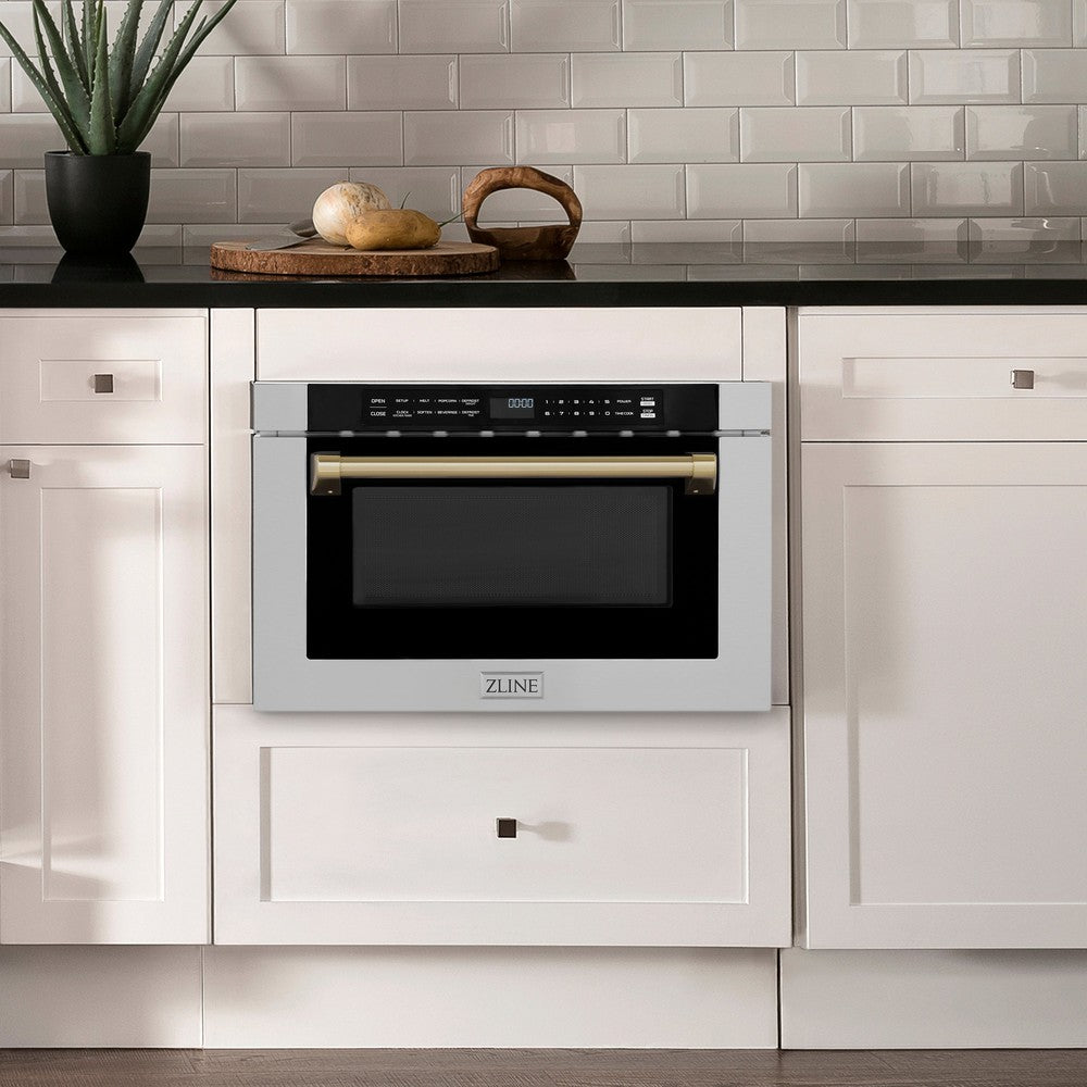 ZLINE Autograph Edition 24 Inch Built-In Microwave Drawer - 1.2 cu.ft Stainless Steel with Champagne Bronze Accents - Traditional Handle Design - Perfect for Modern Kitchens & Luxury Homes (MWDZ 1 H CB)