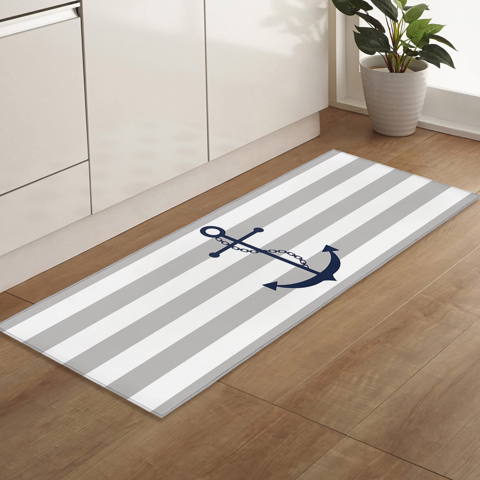 Navy Blue Nautical Anchor Runner Rug - Non-Slip Low Profile Hallway Carpet with Gray & White Stripes for Entryway, Kitchen, Laundry Room & Bedroom (23.6