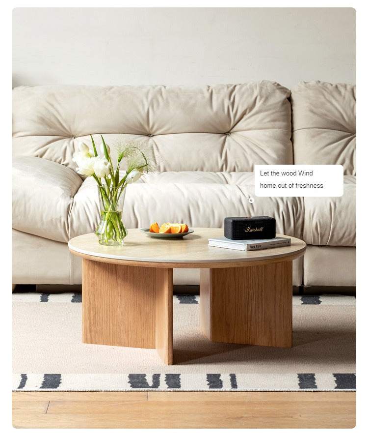 Solid Oak Wood Travertine Coffee Table - Rustic Modern Living Room Furniture for Home Decor & Lounge Use