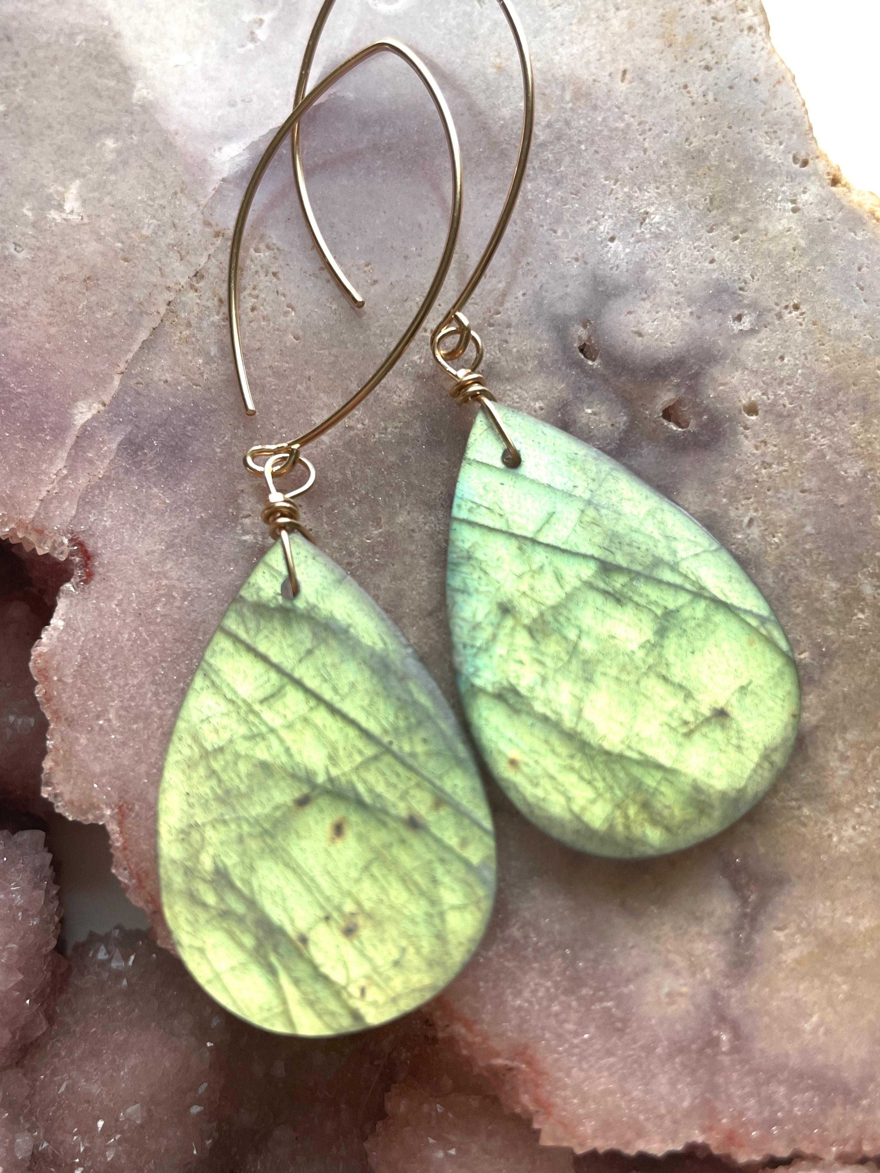 Labradorite Crystal Drop Earrings - 14K Gold Plated Dangle Earrings for Women | Elegant Boho Jewelry for Parties, Weddings & Everyday Wear