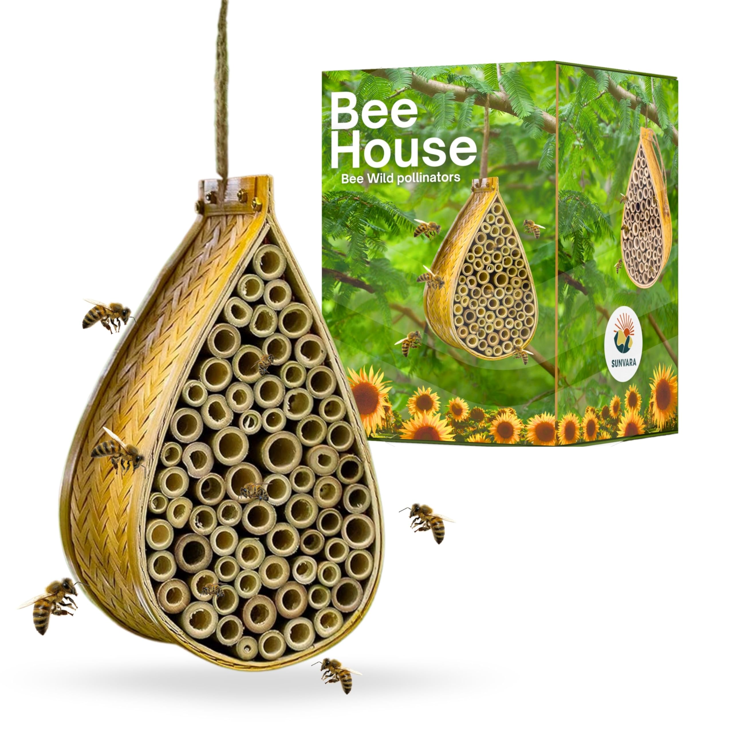 Wild Pollinator Mason Bee Habitat - Natural Garden Bee House for Pollination | Hanging Bee House Pack of 2 for Backyard, Orchard & Organic Farming