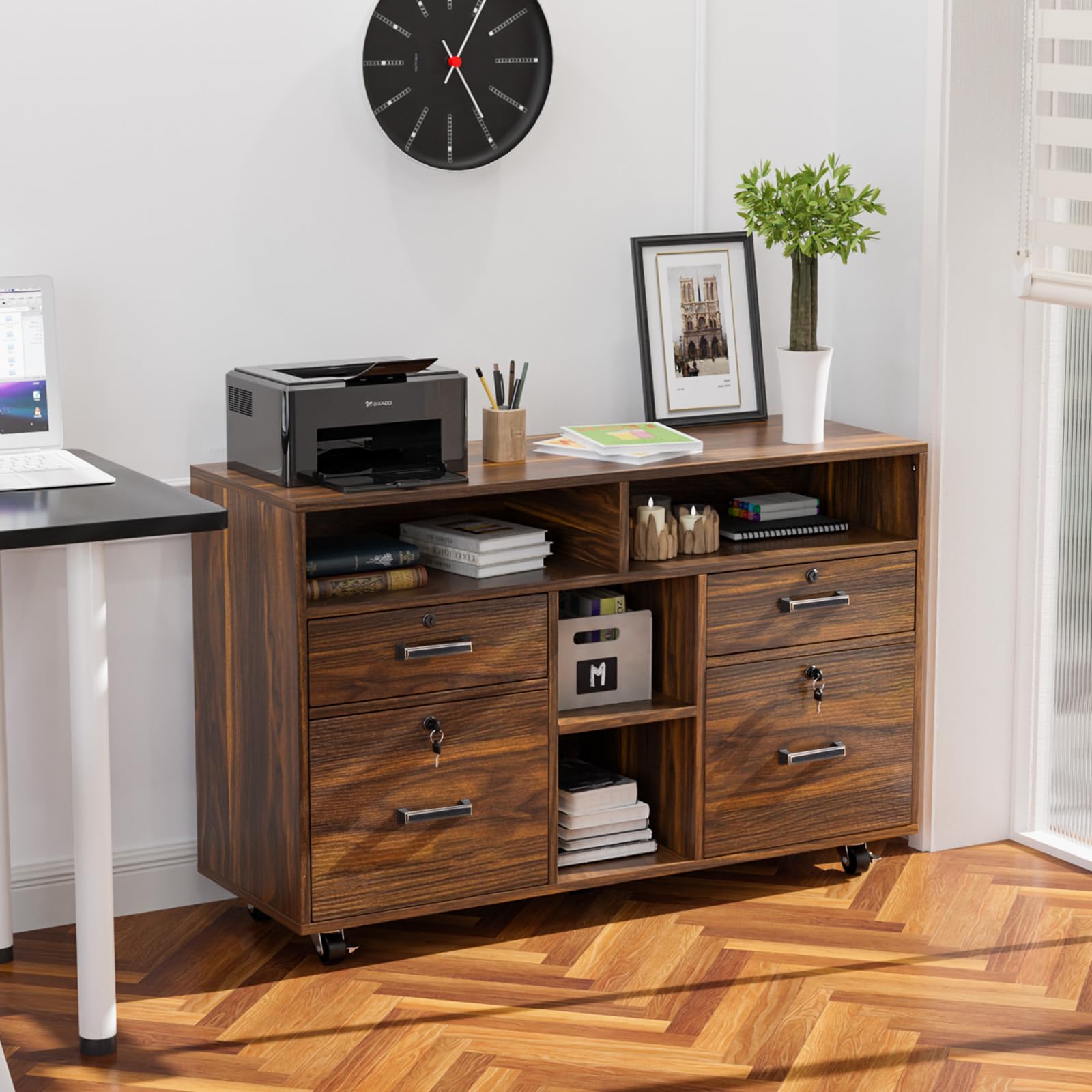 VINGLI 4-Drawer Wood Lateral File Cabinet with Lock & Open Shelves - Lockable Rolling Office Storage for Letter Size Files, Dark Brown - Perfect for Home Office, Printer Stand & Document Organization