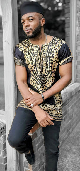 Stylish Jet Black & Gold Dashiki Shirt DP3764D - African Print Casual Wear for Men, Perfect for Parties, Weddings & Cultural Events