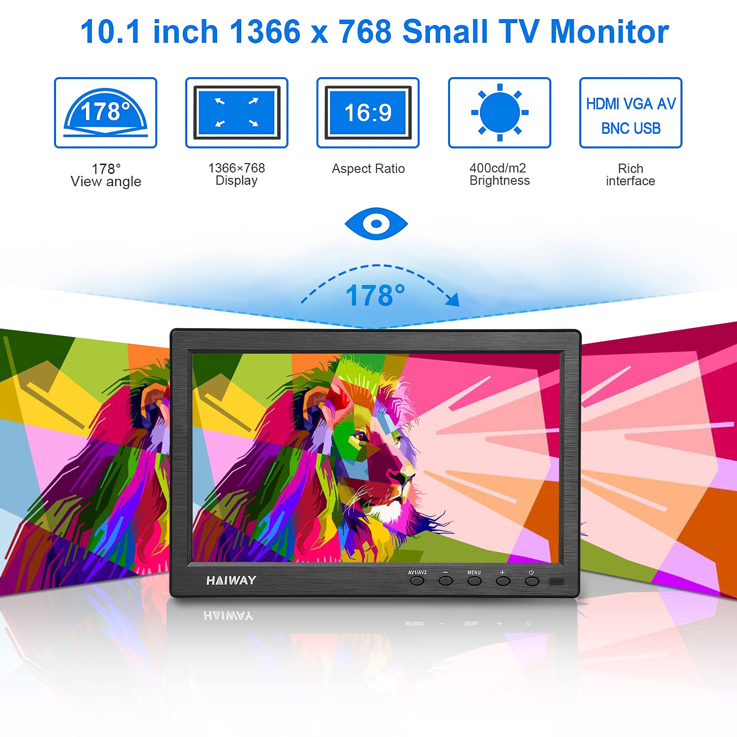 10.1 Inch HD Security Monitor - 1366x768 Resolution Portable HDMI Display with Remote, Dual Speakers, HDMI/VGA/BNC/USB Inputs for Gaming, CCTV, Raspberry Pi & PC - Perfect for Home Surveillance & Multi-Screen Setups