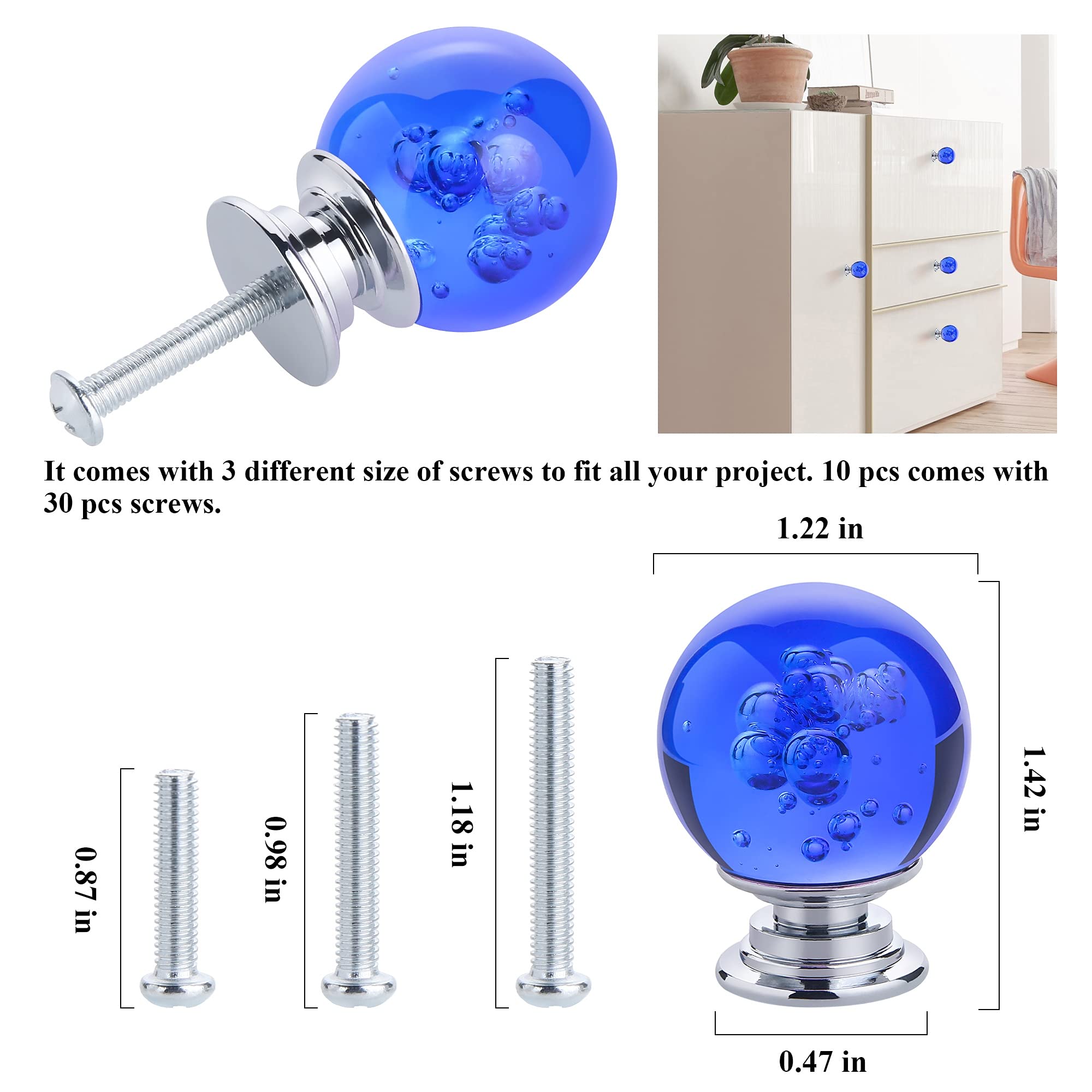 10 PCS Crystal Cabinet Knobs - Round Glass Bubbles Dresser Knobs with Smooth Surface for Drawers & Cabinets - Includes 3 Different Size Screws (30MM, Blue) - Perfect for Home Decor, Bedroom Furniture & Kitchen Cabinets