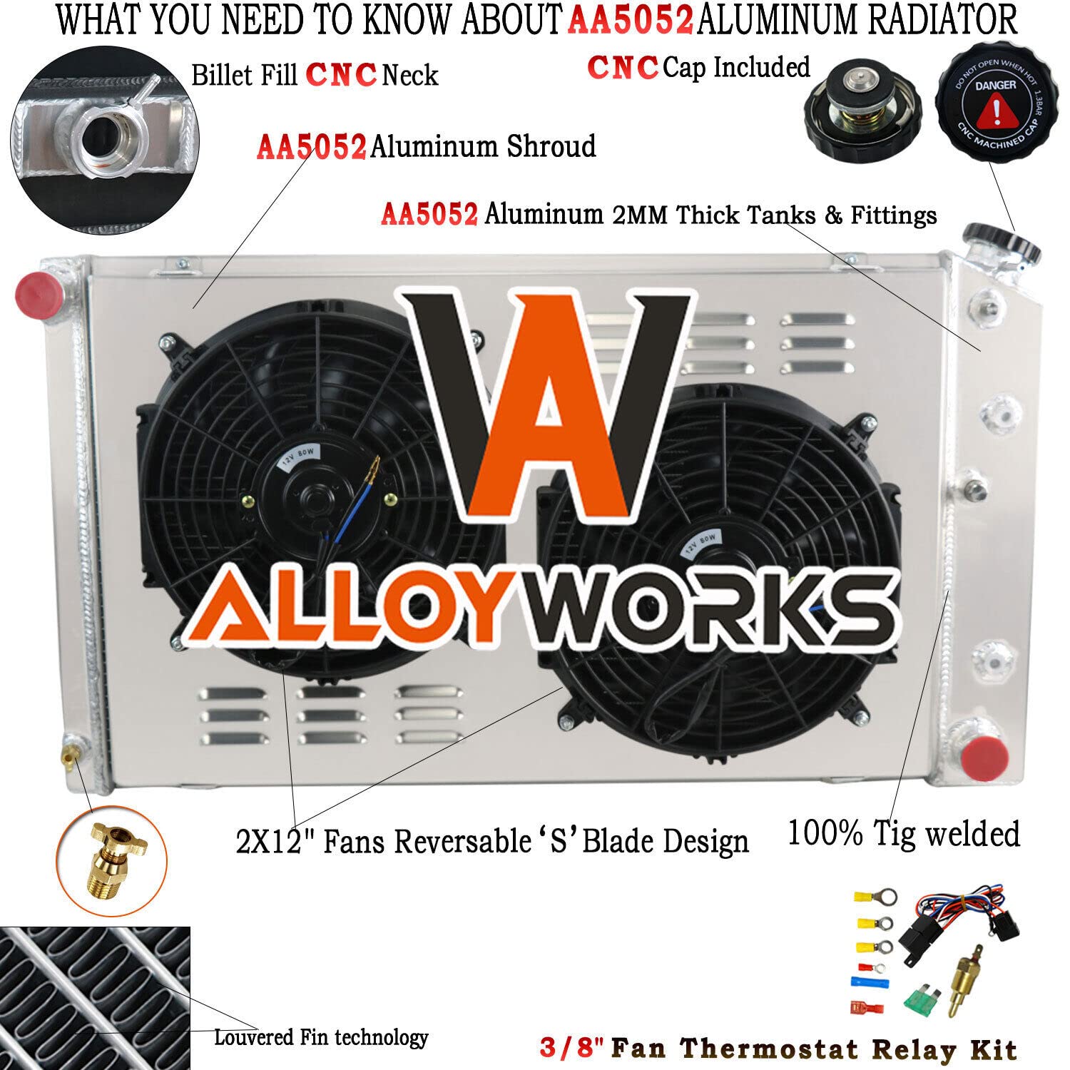 AlloyWorks CC162 4-Row Core Aluminum Radiator with Fan Shroud & Relay Kit - Compatible with 1970-1987 Chevy Blazer C/P/G/K Series, 1975-1988 Oldsmobile Cutlass, 1975-1987 Buick Models (AT/MT) - High Performance Crossflow Cooling System for Off-Roading & Classic Car Restoration