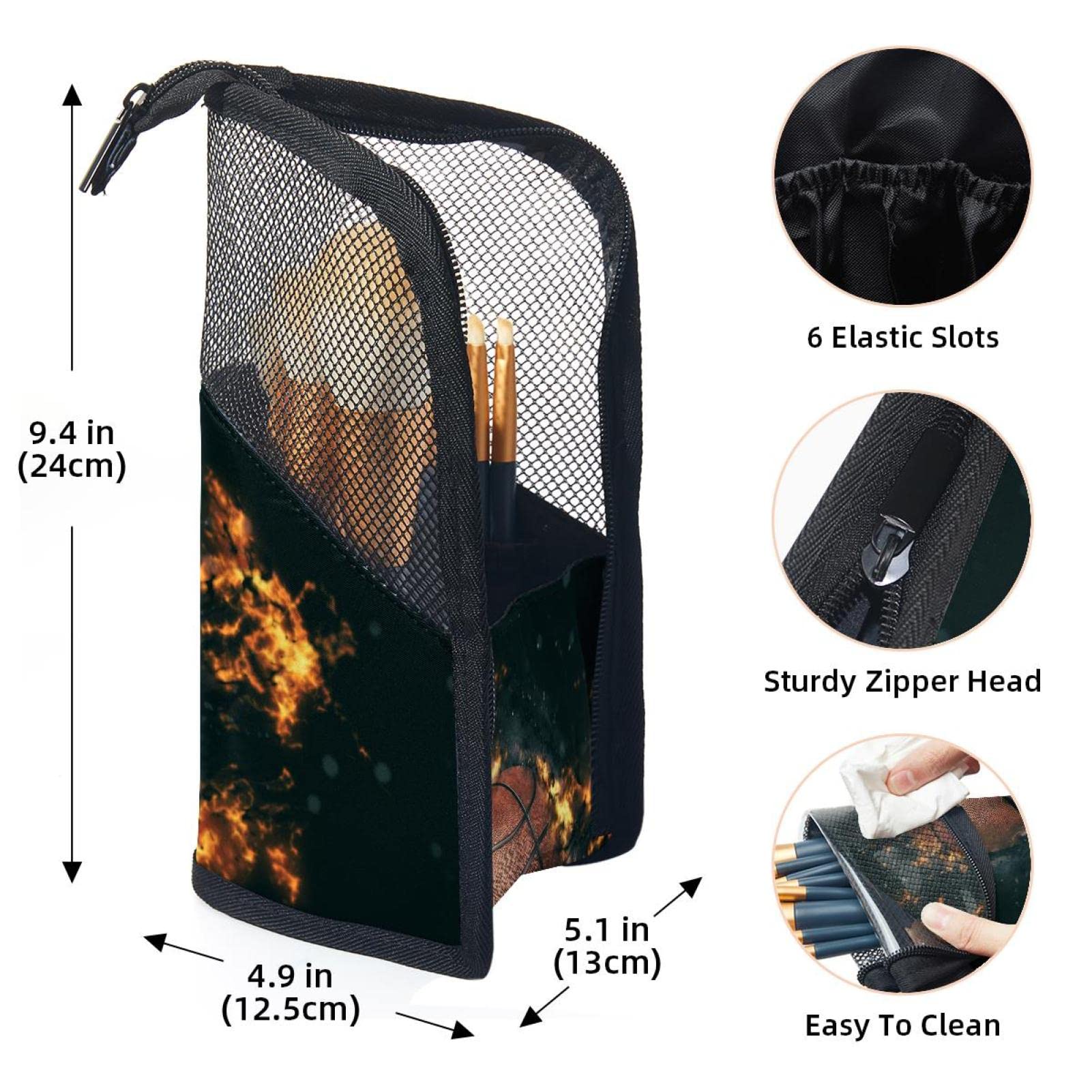 Premium Makeup Brush Organizer Bag with 12 Brushes - Flame & Retro Basketball Design - Portable Cosmetic Brush Holder Case for Travel, Home Vanity, and Professional Makeup Artists