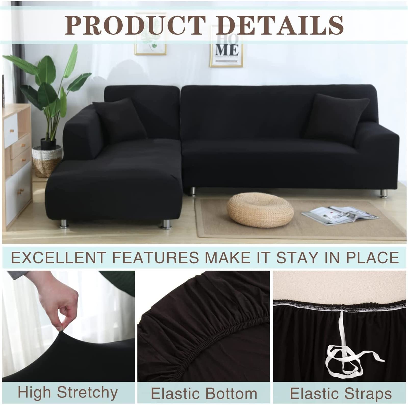 Stretchable L-Shaped Sectional Sofa Slipcover - Solid Color Chaise Lounge Cover with 2 Pillow Cases, High Elasticity Furniture Protector for Pets & Kids (Coffee, 3+3 Seater) - Perfect for Living Room, Family Room & Pet-Friendly Homes