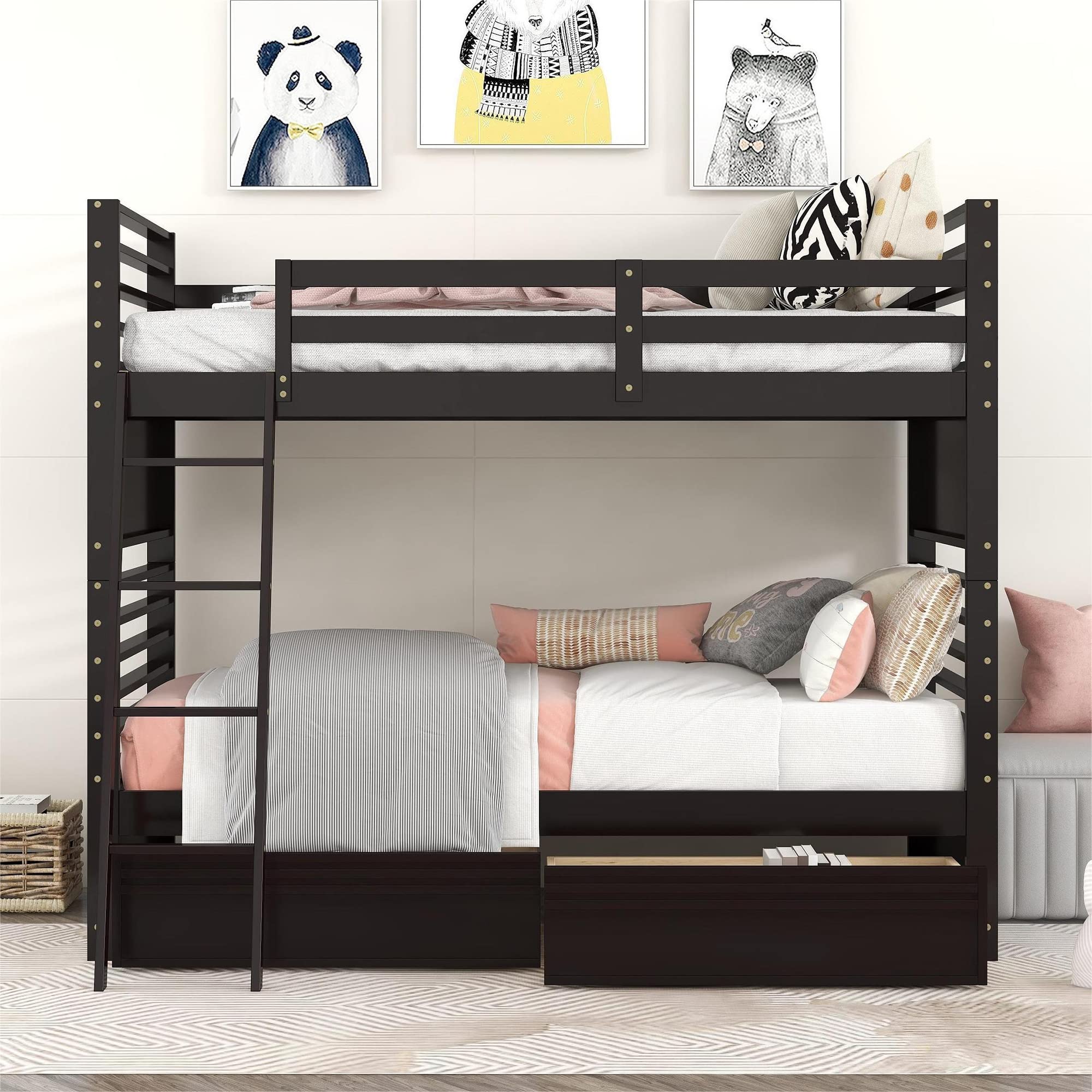 P PURLOVE Twin Over Twin Wood Bunk Bed Frame with 2 Storage Drawers & Removable Ladder - Converts to 2 Single Beds - No Box Spring Needed - Espresso Finish - Perfect for Kids, Teens & Small Bedrooms