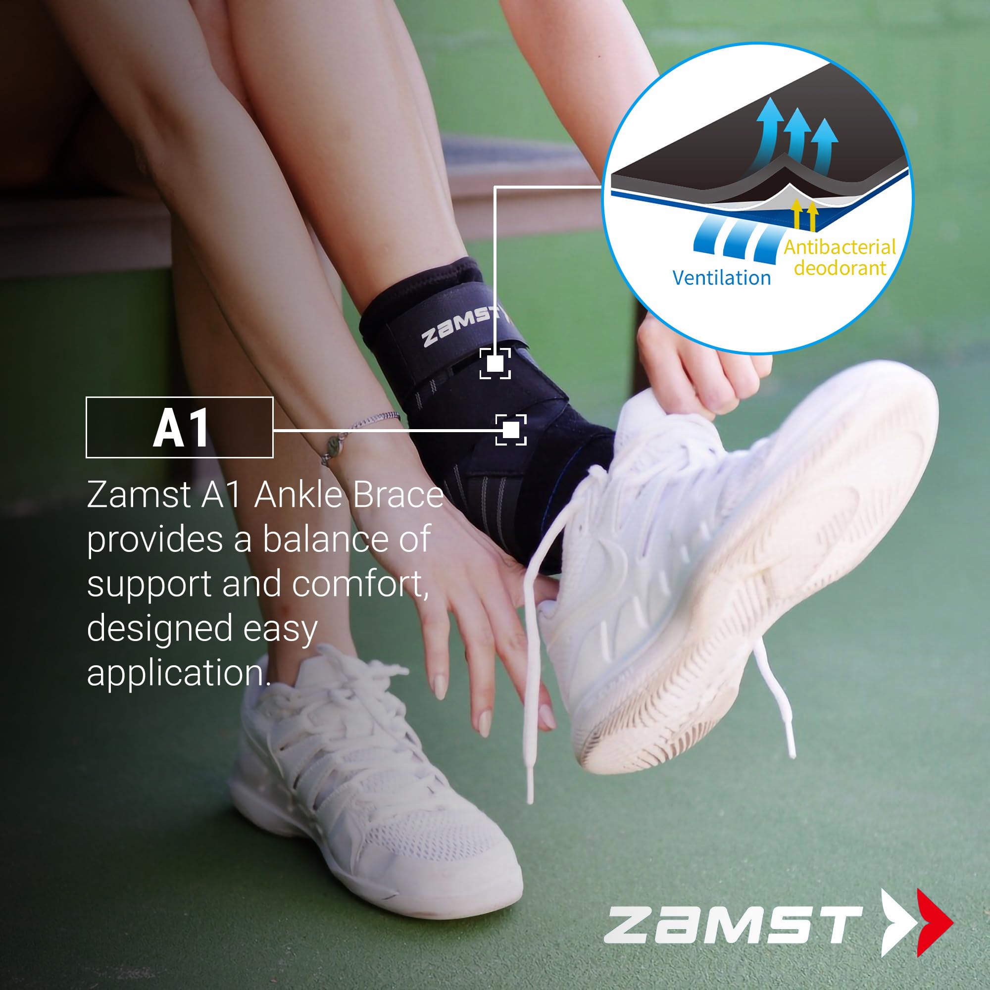 Zamst A1 Black Ankle Brace for Sports - Breathable Adjustable Ankle Support for Men & Women - 3-Way Straps for Moderate Lateral Sprains - Left Large Size - Ideal for Basketball, Running & Volleyball Injury Prevention