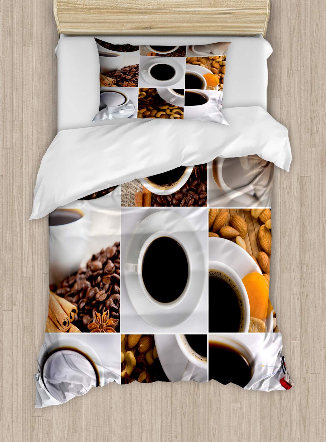 Ambesonne Coffee Lover Duvet Cover Set - Modern Coffee Mugs Collage with Almonds, Cashews & Cinnamon Design, 2-Pack Cal King Size Bedding (White/Black/Brown) - Perfect for Coffee Themed Bedrooms & Gift for Baristas