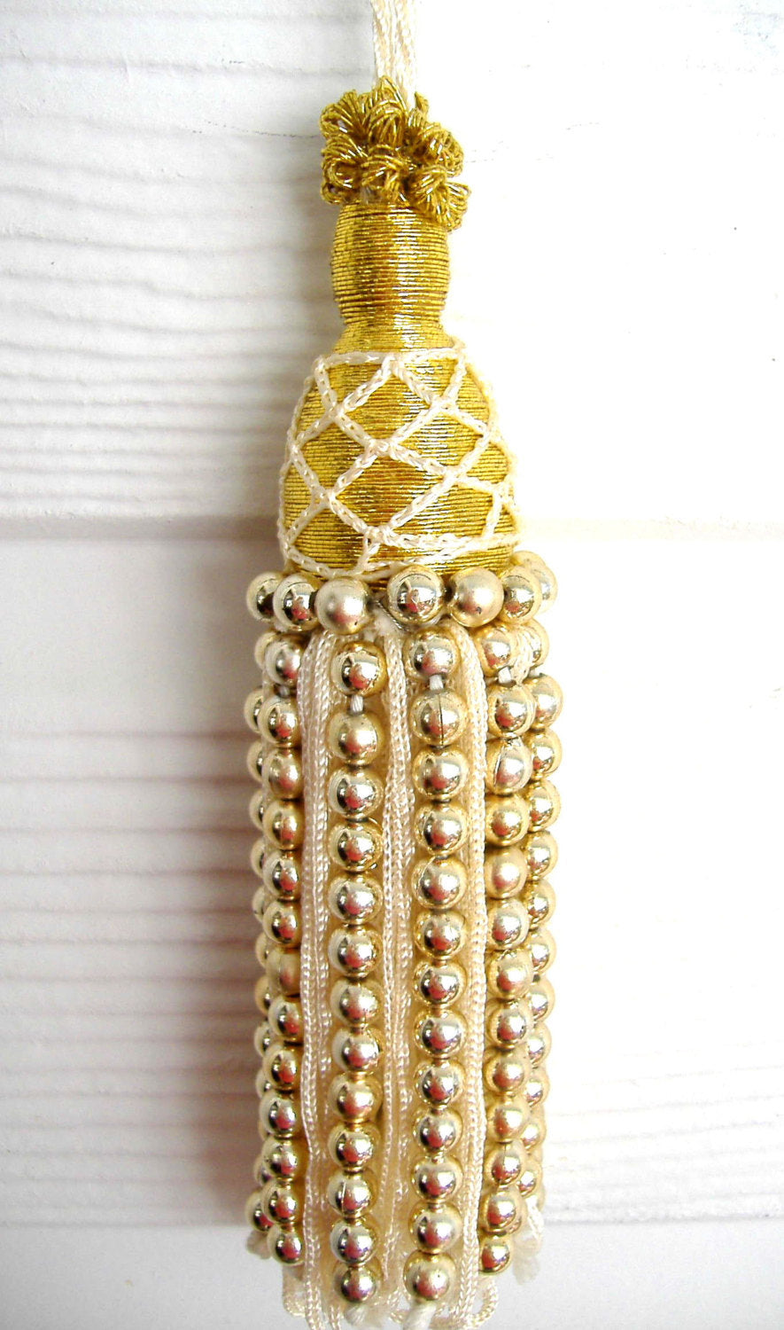 Metallic Gold Beaded Christmas Tree Ornament Tassels - 8 Inch Victorian Style Holiday Decor for Xmas Tree, Mantel & Gift Wrapping