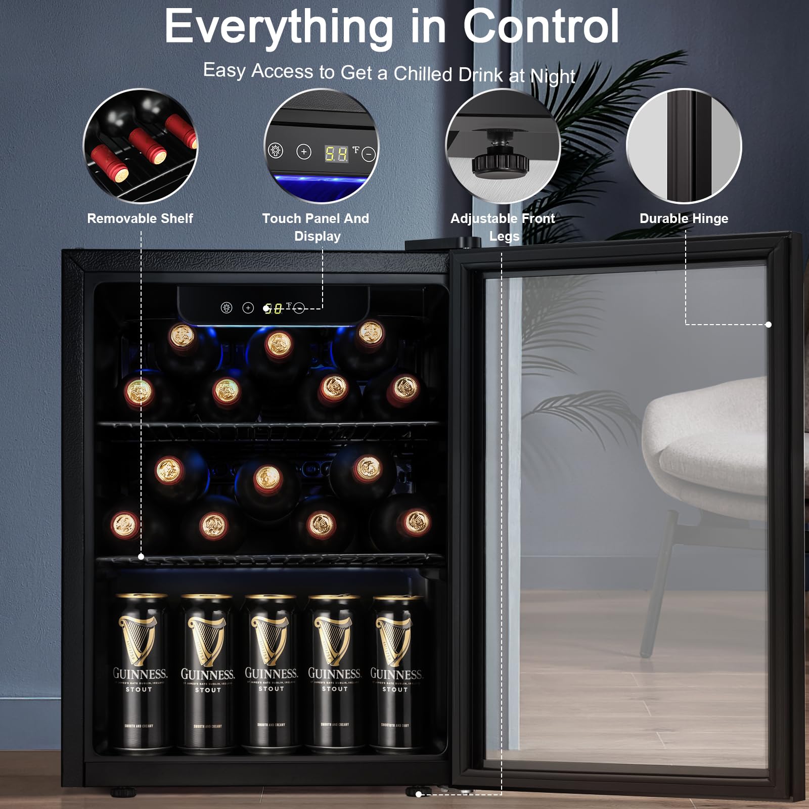 Antarctic Star 16 Bottle 66 Can Mini Beverage Refrigerator - 1.7 Cu.Ft Compact Drink Cooler with Glass Door & Blue LED for Beer, Wine, Soda - Electronic Temperature Control - Perfect for Home, Bar, Office or Game Room