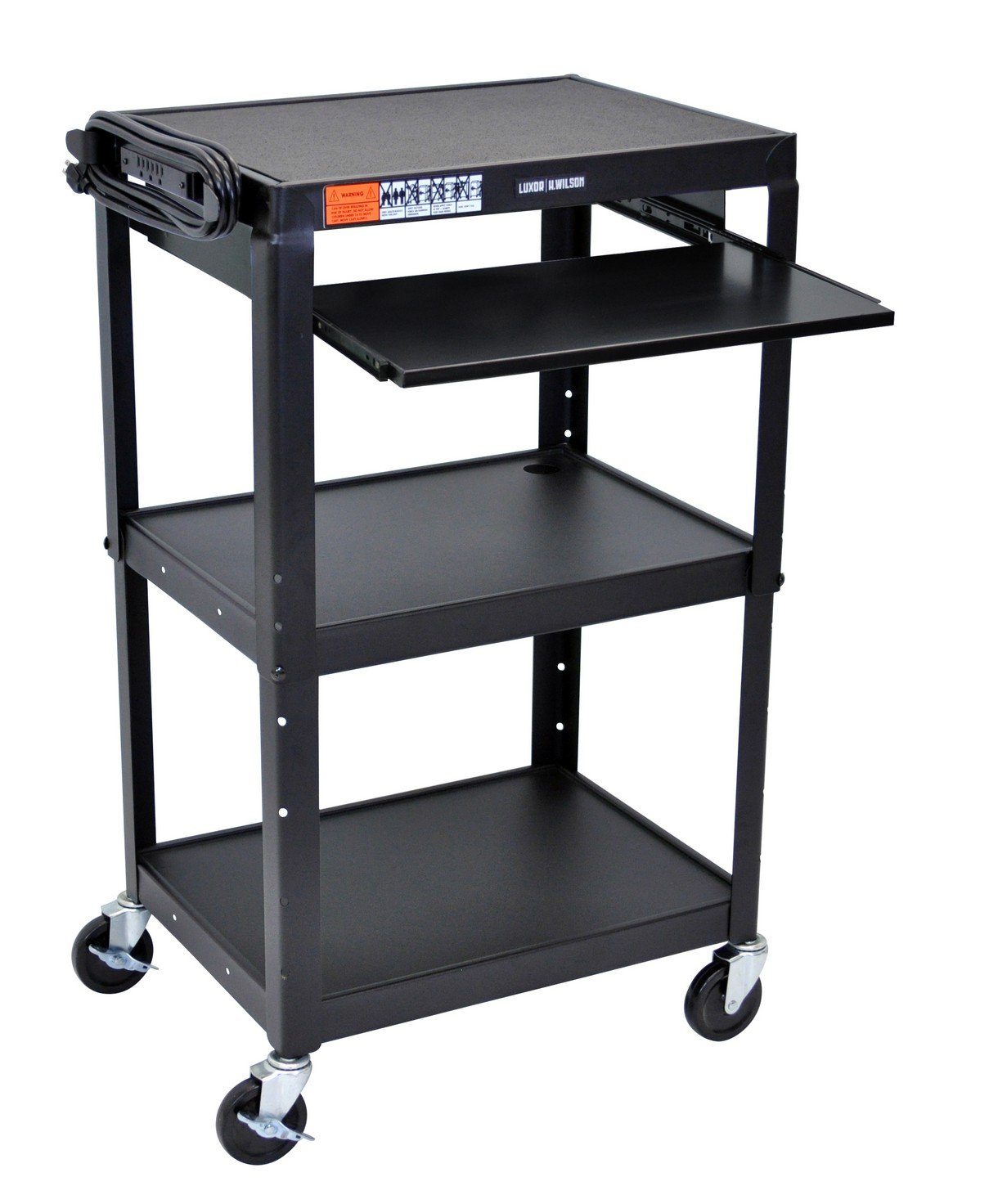 Luxor Adjustable Height Black Metal AV Cart with Pullout Keyboard Tray - Perfect for Classrooms, Offices, and Home Entertainment Systems