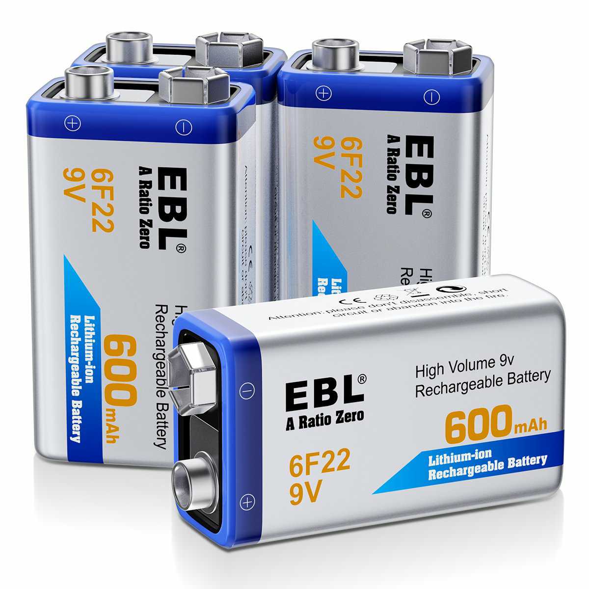 EBL 9V Lithium Ion Rechargeable Battery 600mAh - Long Lasting Power for Smoke Detectors, Guitar Pedals & Electronic Devices
