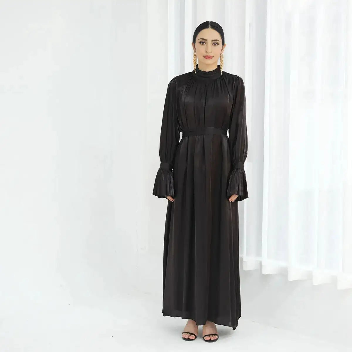 Bell Sleeve Gleam Shiny Abaya Dress for Women - Elegant Muslim Prayer Dress for Eid, Wedding & Special Occasions