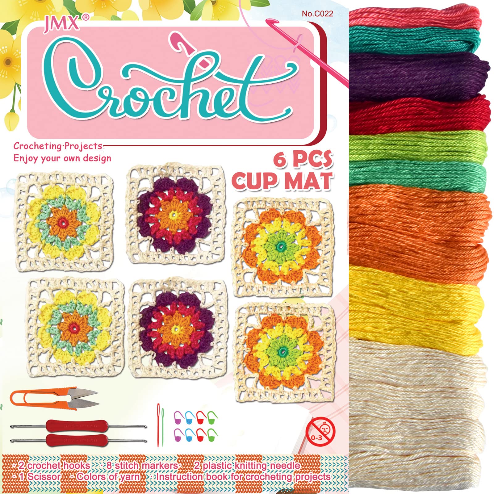 QCZKB Crochet Coaster Kit for Beginners - 14 Skeins Cotton Yarn, 2 Crochet Hooks, 2 Weaving Needles, Instruction Book & 8 Stitch Markers | DIY Craft Gift for Home Decor, Table Setting & Relaxation (C022)